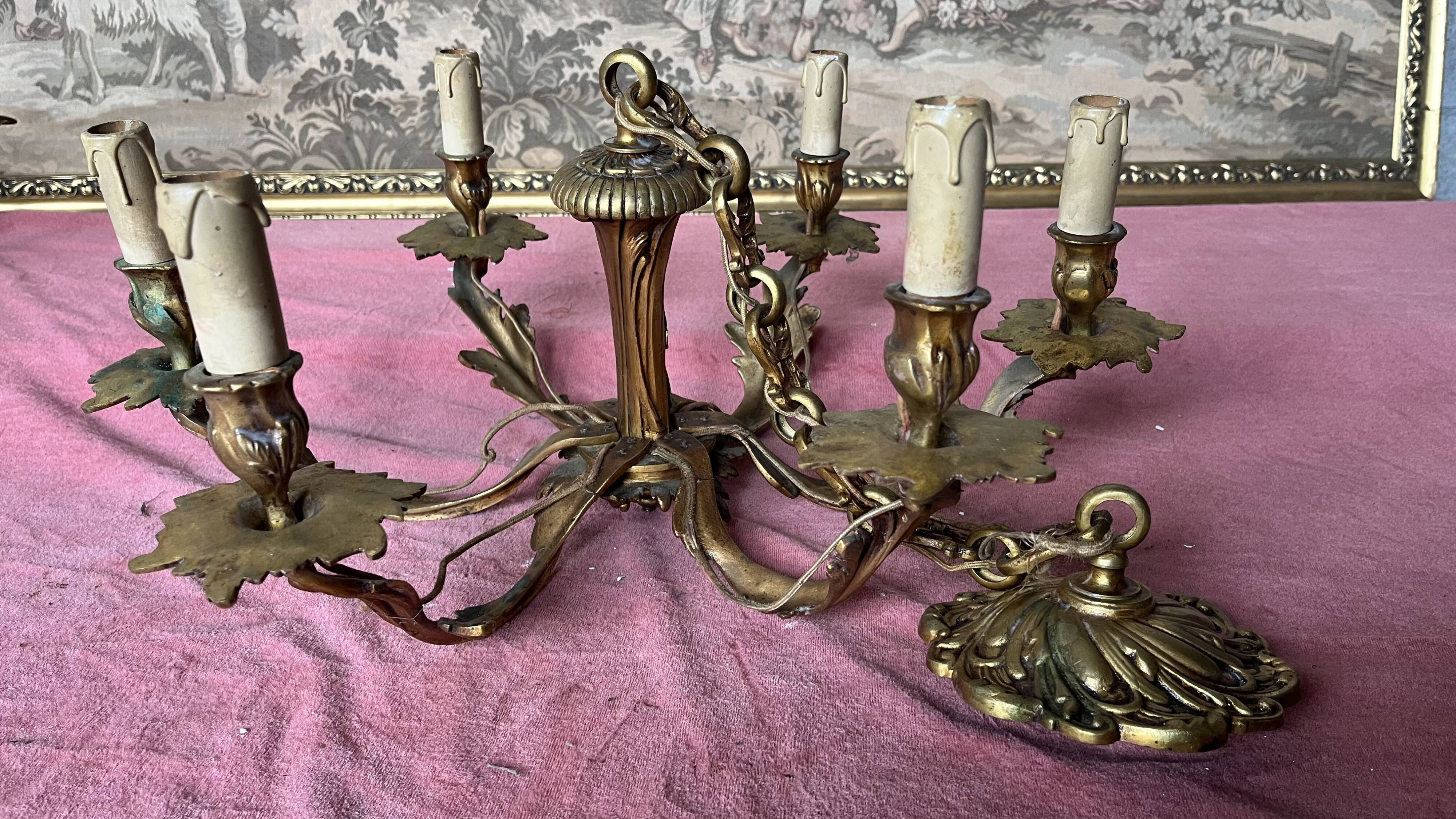 Lustre bronze doré 6 bougies annees 100