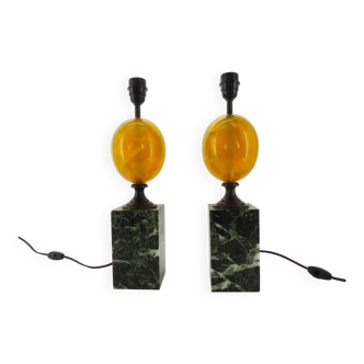 Paire de lampes Maison Charles œufs résine fractale et marbre