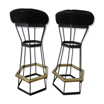 Pair of brass bar stools 80s black metal