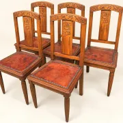 5 Art Deco Chairs in Carved Walnut, Upholstered with Studded Leather – 1920s