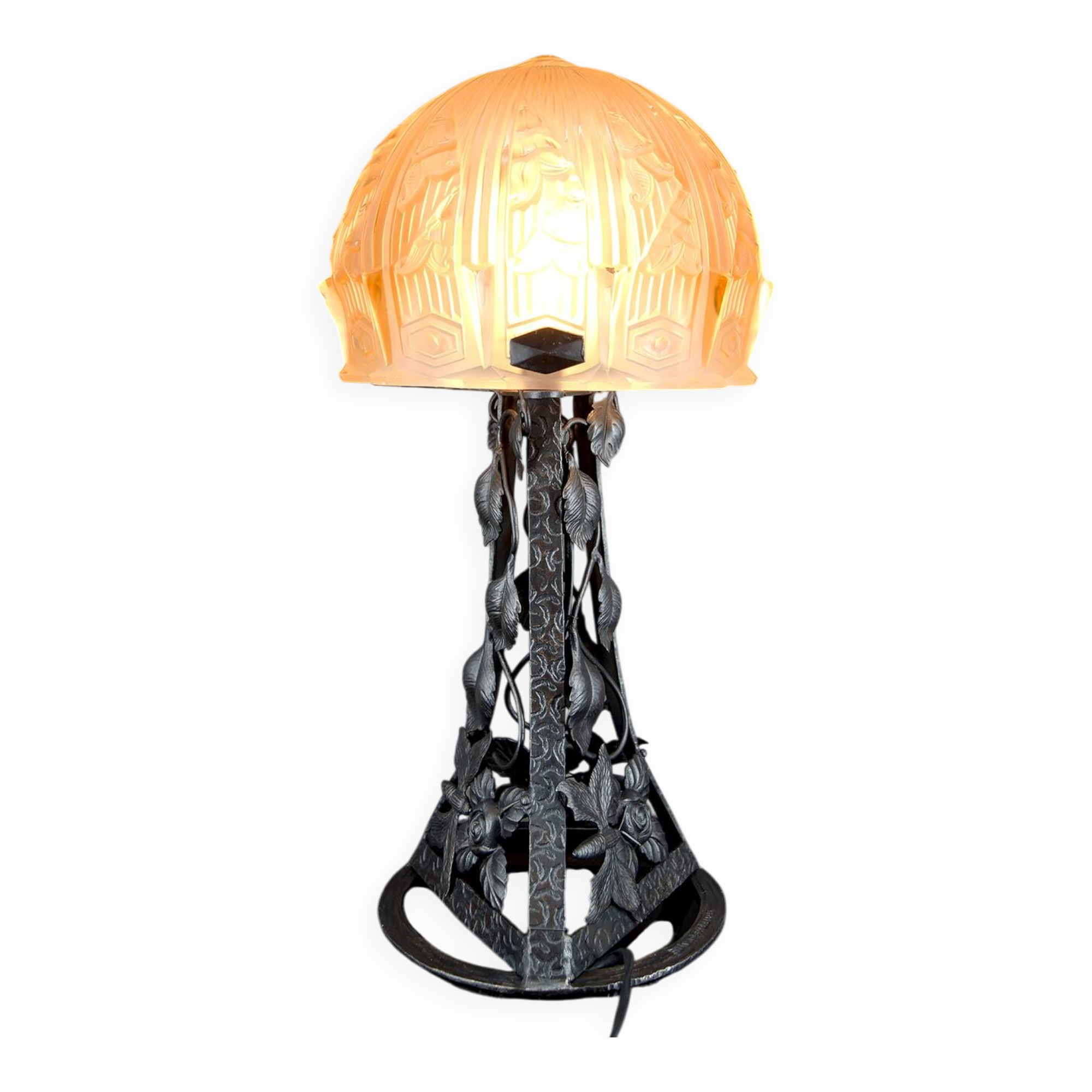 Important Art Deco Wrought Iron Lamp, by Bartelemie, France, Circa 1925