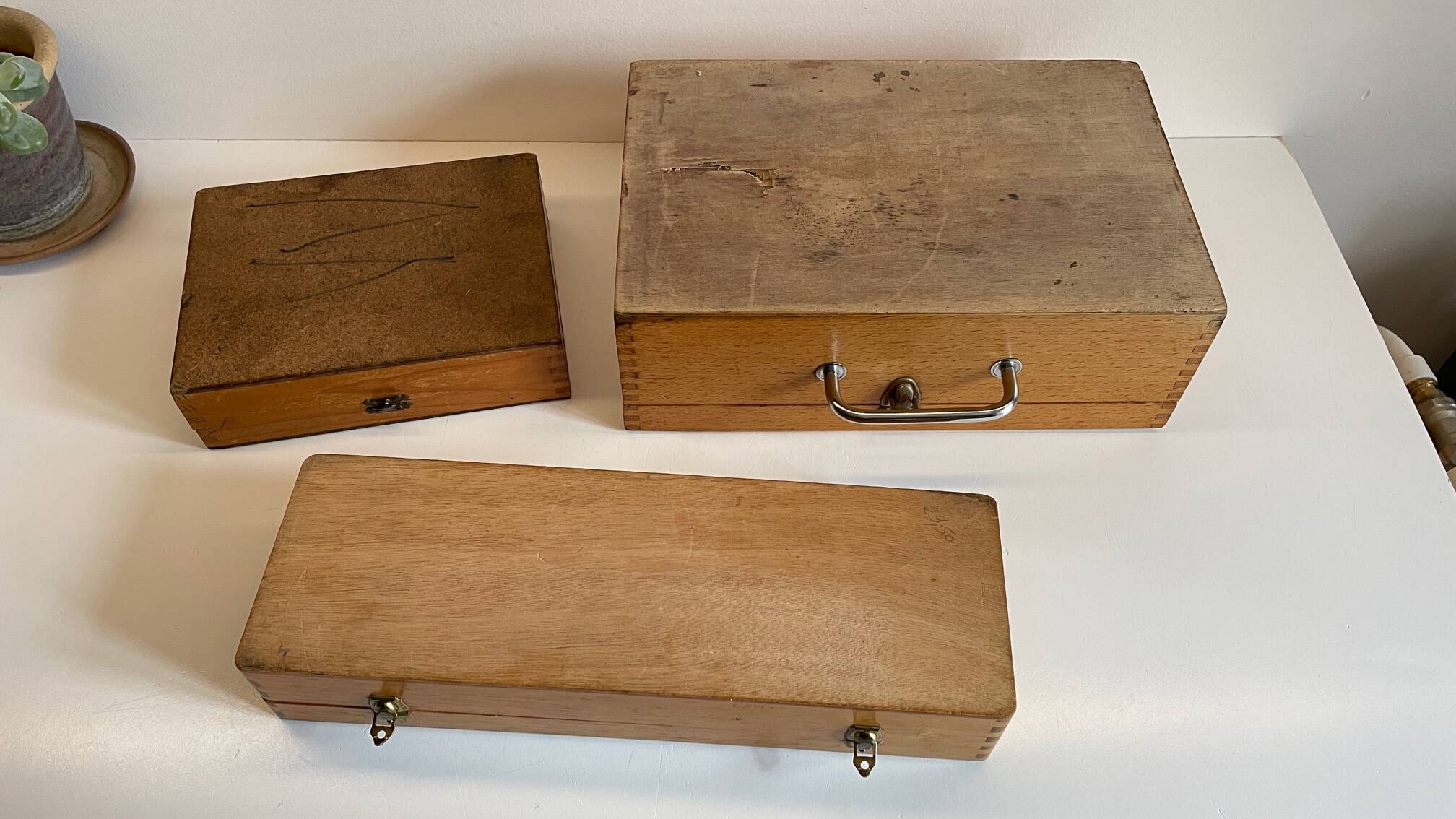 3 vintage dovetail wooden boxes