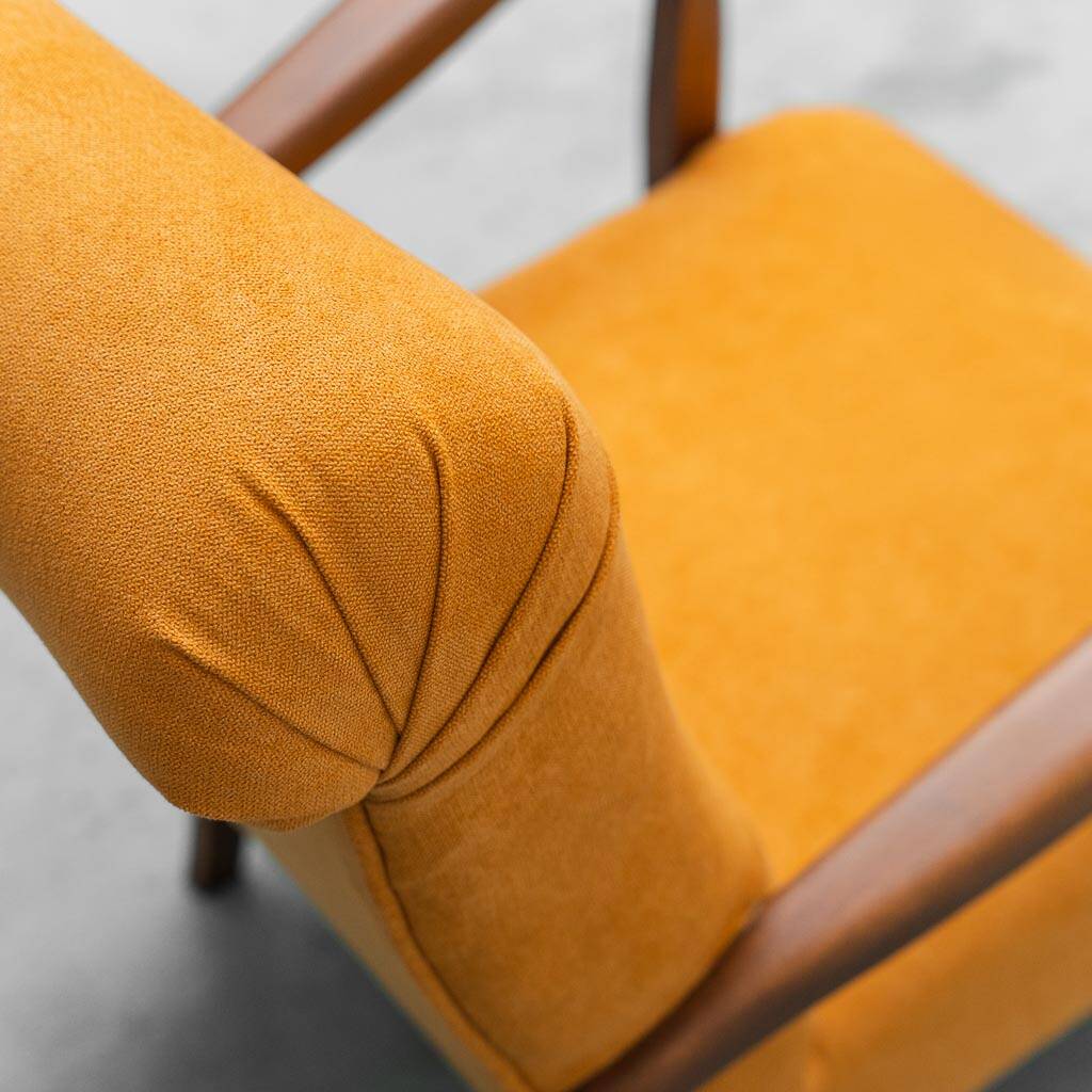 Scandinavian vintage armchair in orange fabric and wood, 1960s modernism