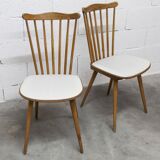Pair of Baumann Menuet chairs, Honey patina, White vinyl seats