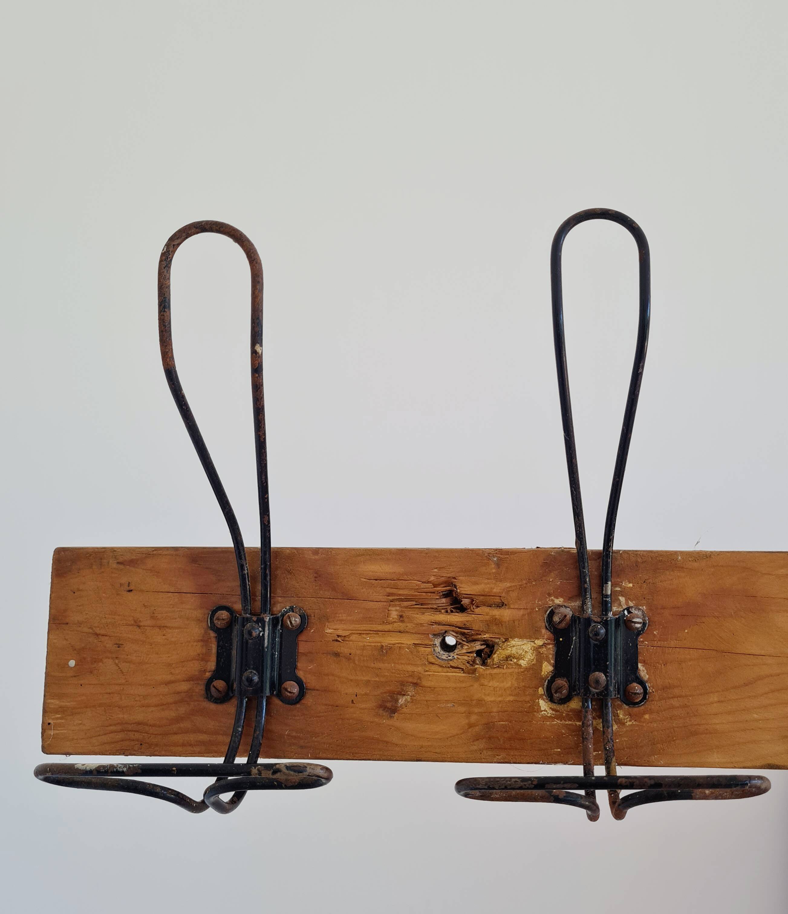 Antique wooden wall coat rack with metal hooks L200