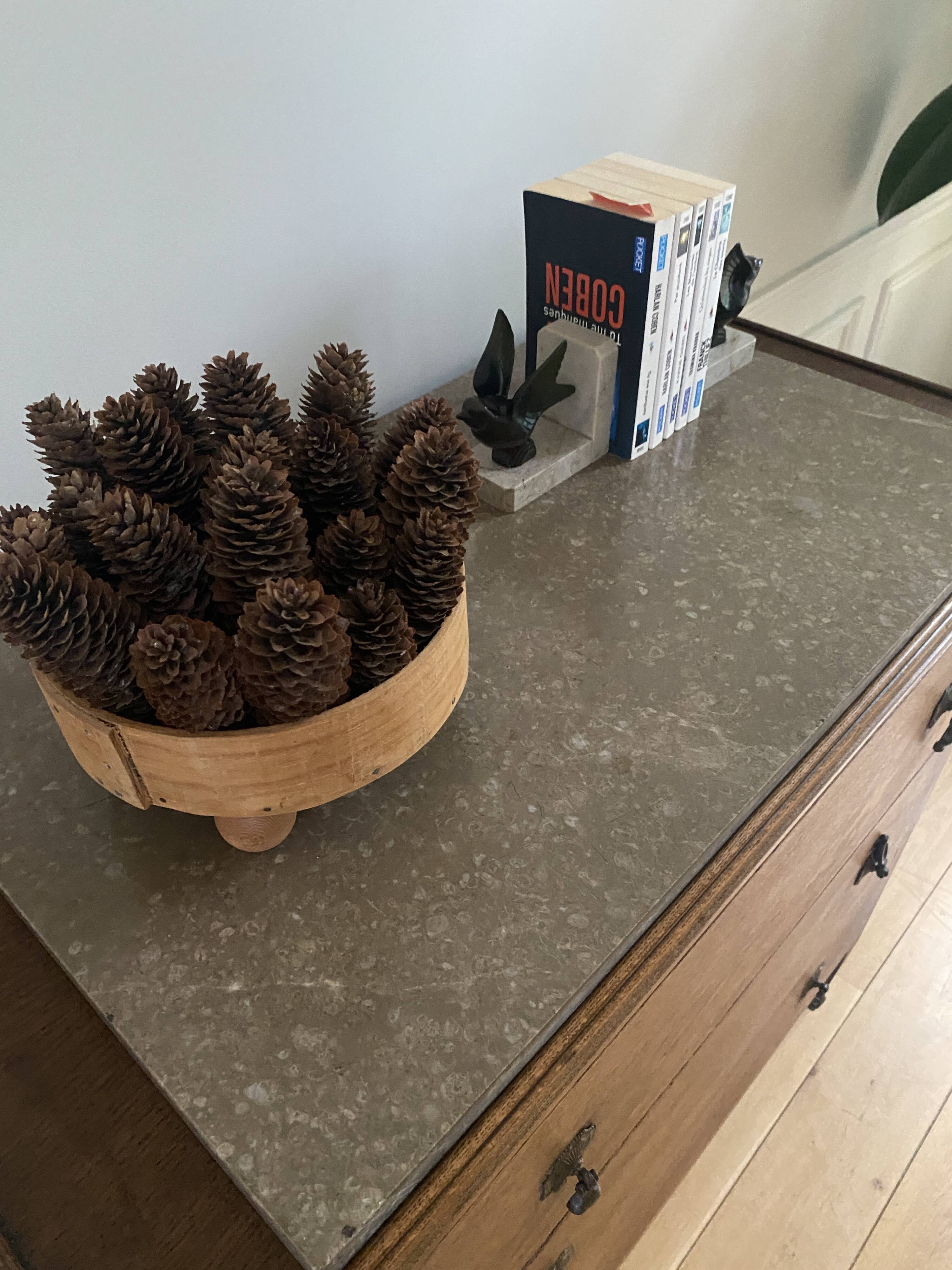 Vintage wooden chest of drawers with three drawers and brown marble top