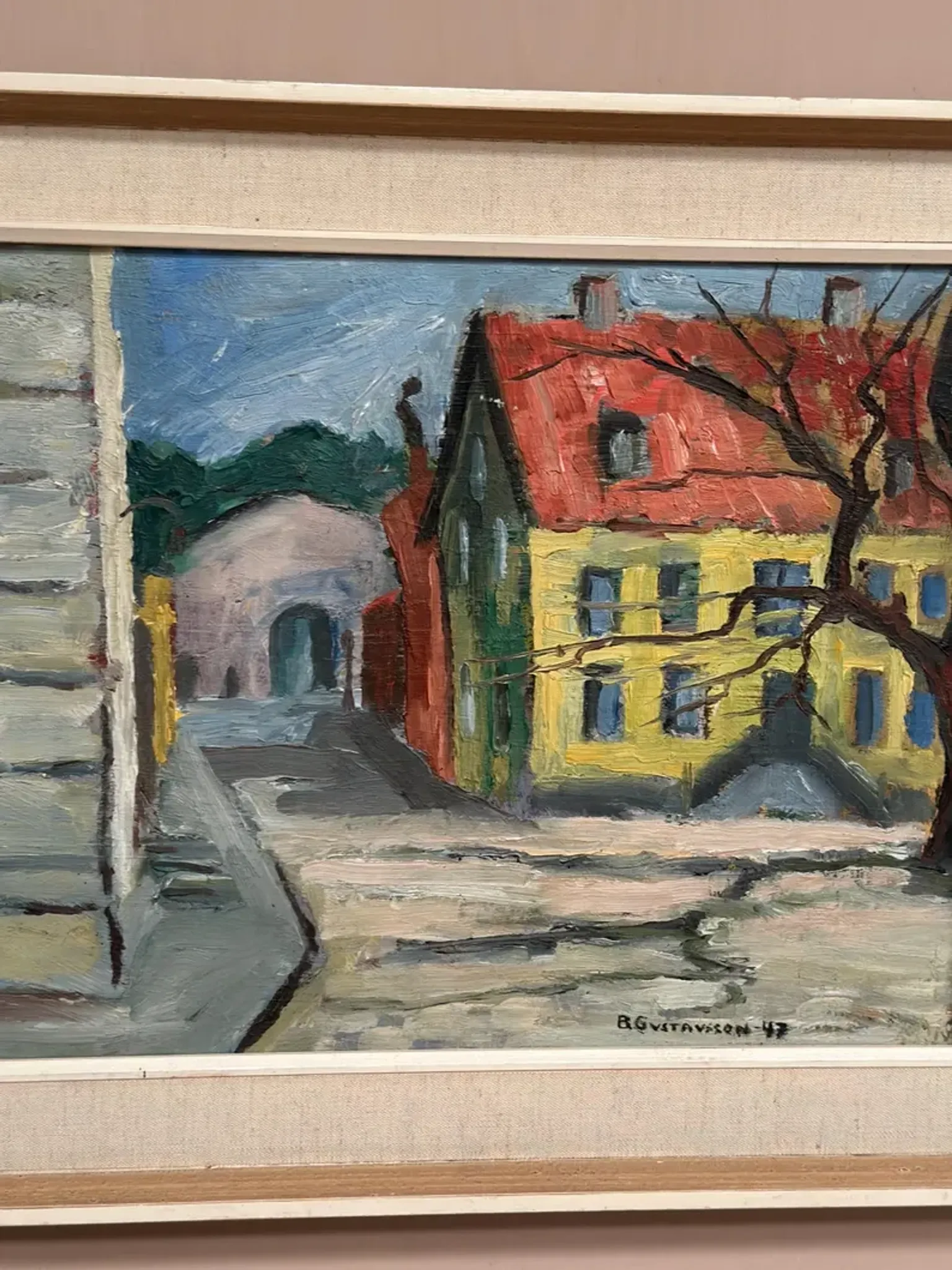 Original Swedish Oil on Panel – “Urban Landscape” by B. Gustavson – Signed – Dated 1947 – Vintage & Framed