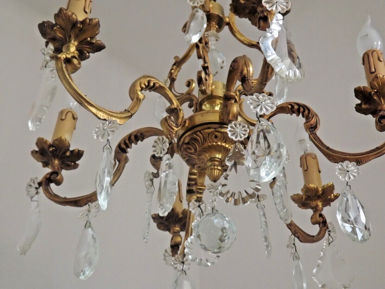 Lovely Quality Brass 6 Light Scrolled Acanthus Leaf Crystal Cage Chandelier 3626