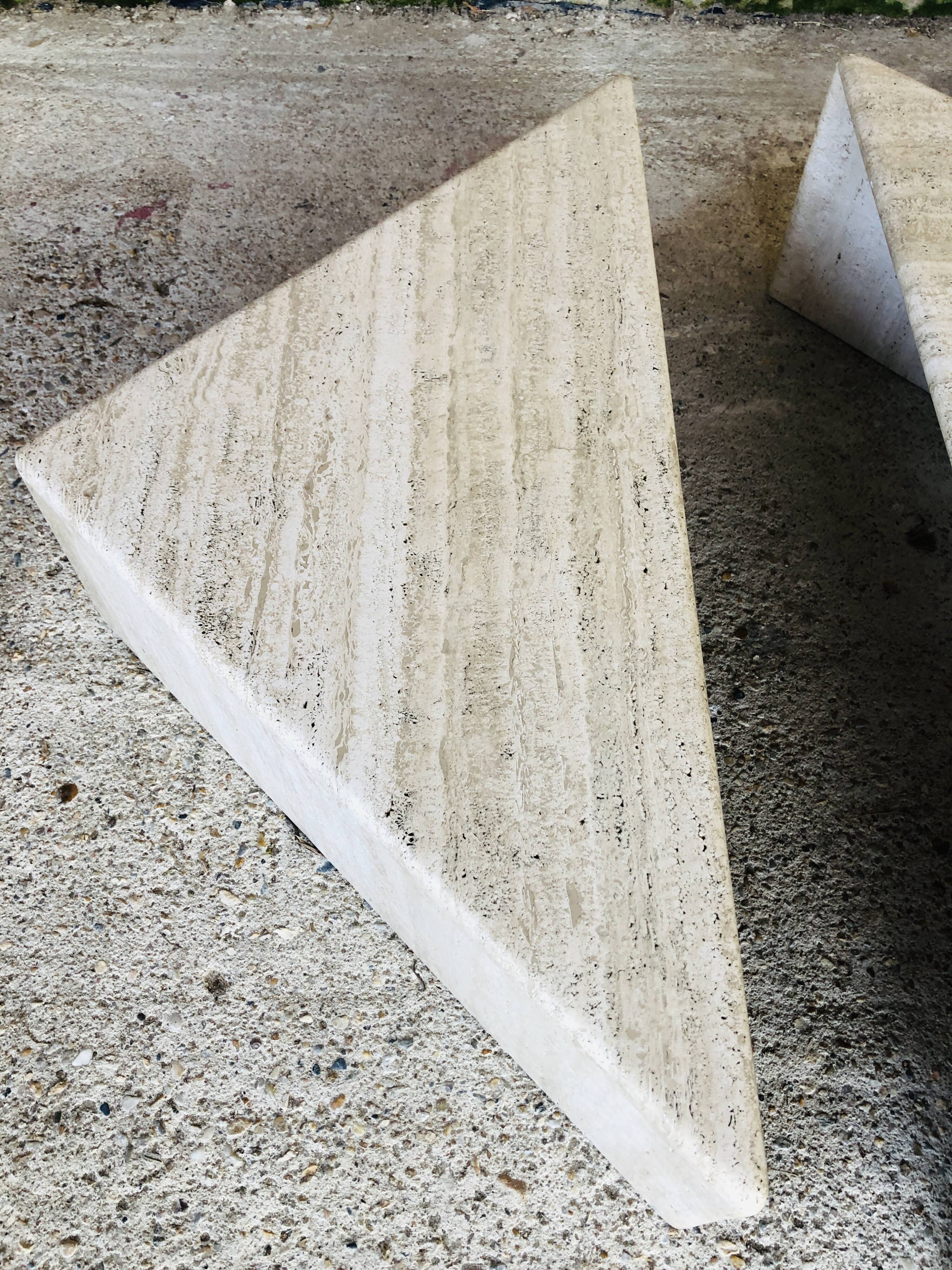 Pair of triangular coffee tables in travertine, Italy circa 70 / 80