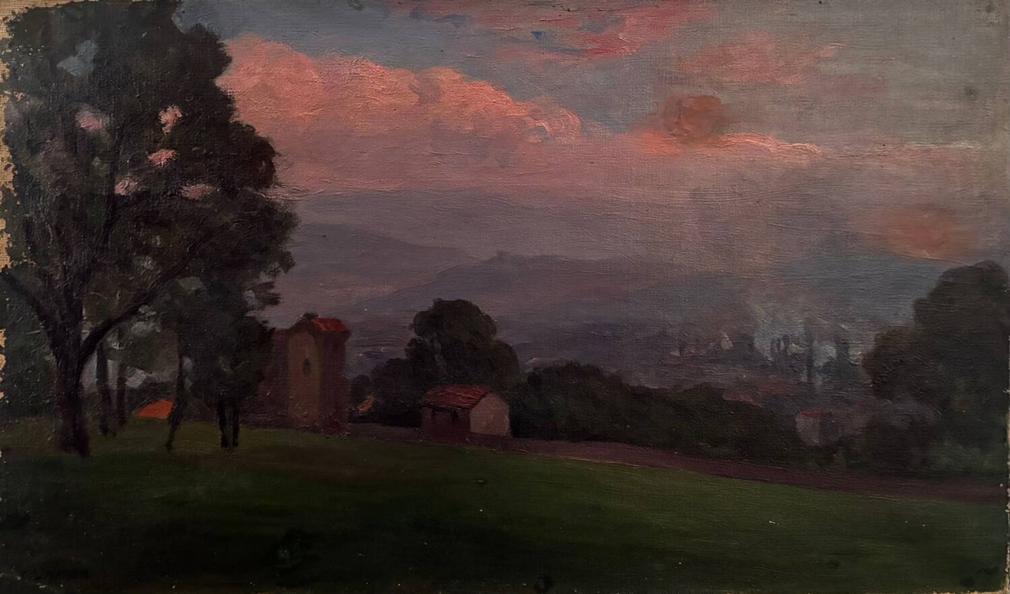 Countryside landscape, sunset signed Lavauden.
