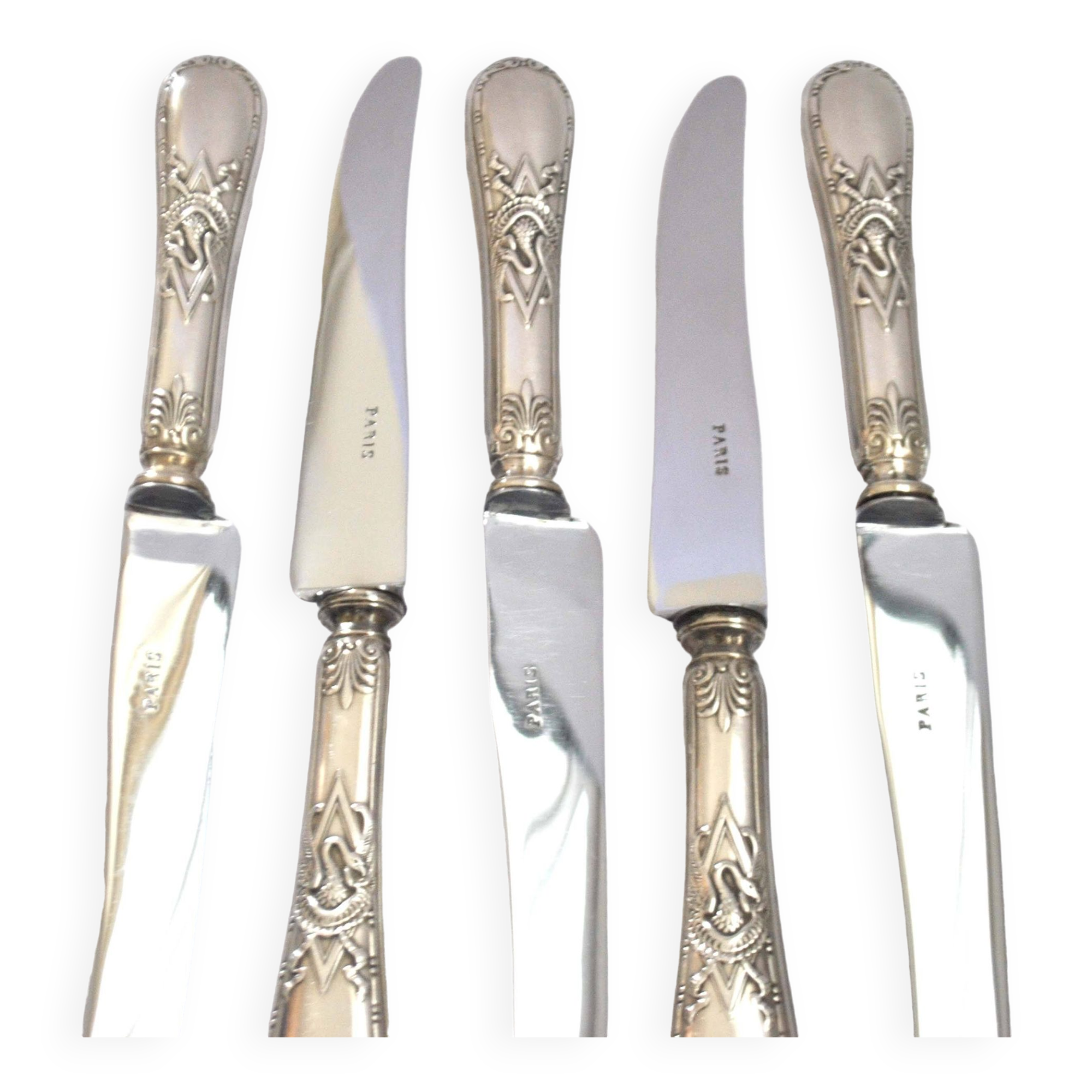 Set of 12 Napoleon Empire table knives - 19th century diamond swan decoration.