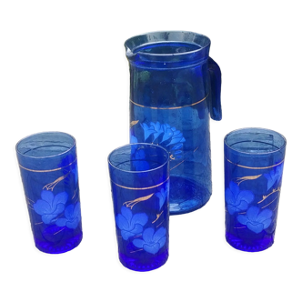 Service a orangeade Vintage en verre couleur bleu décoré de fleurs années 80/90.