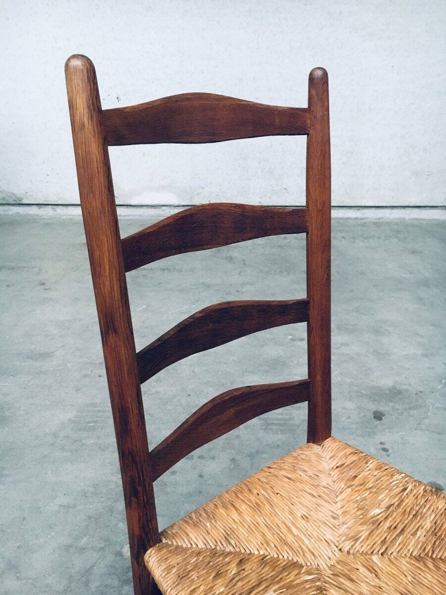 Rustic Handcrafted Oak and Rush High Back Dining Chairs, Belgium, 1940s, Set of 4