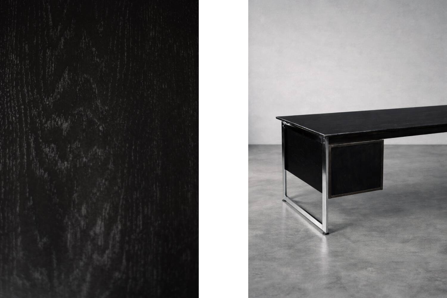 Vintage Mid-Century Danish Modern Minimalist Black Oak Desk with Chrome Base
