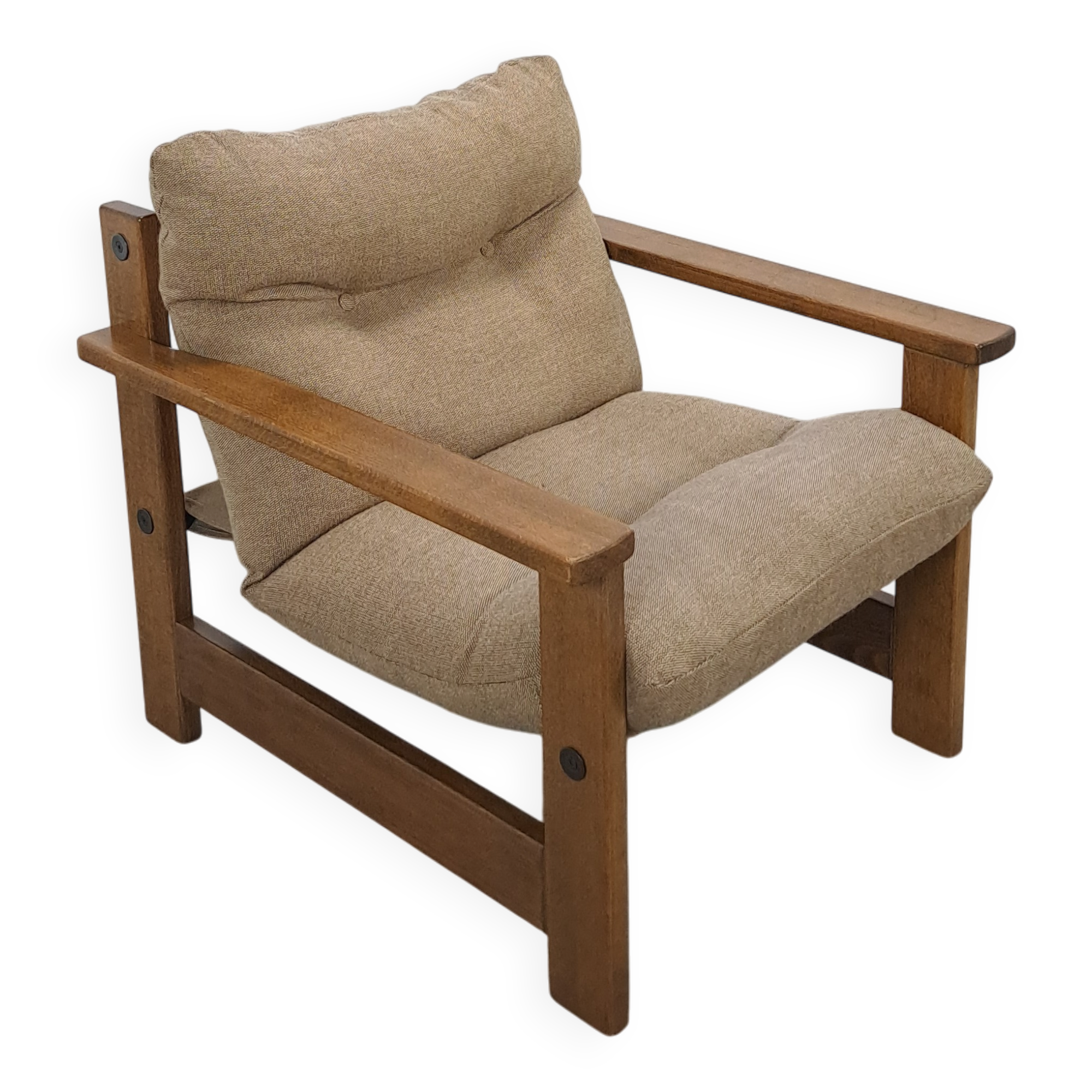 Brown-grey armchair with an oak frame.