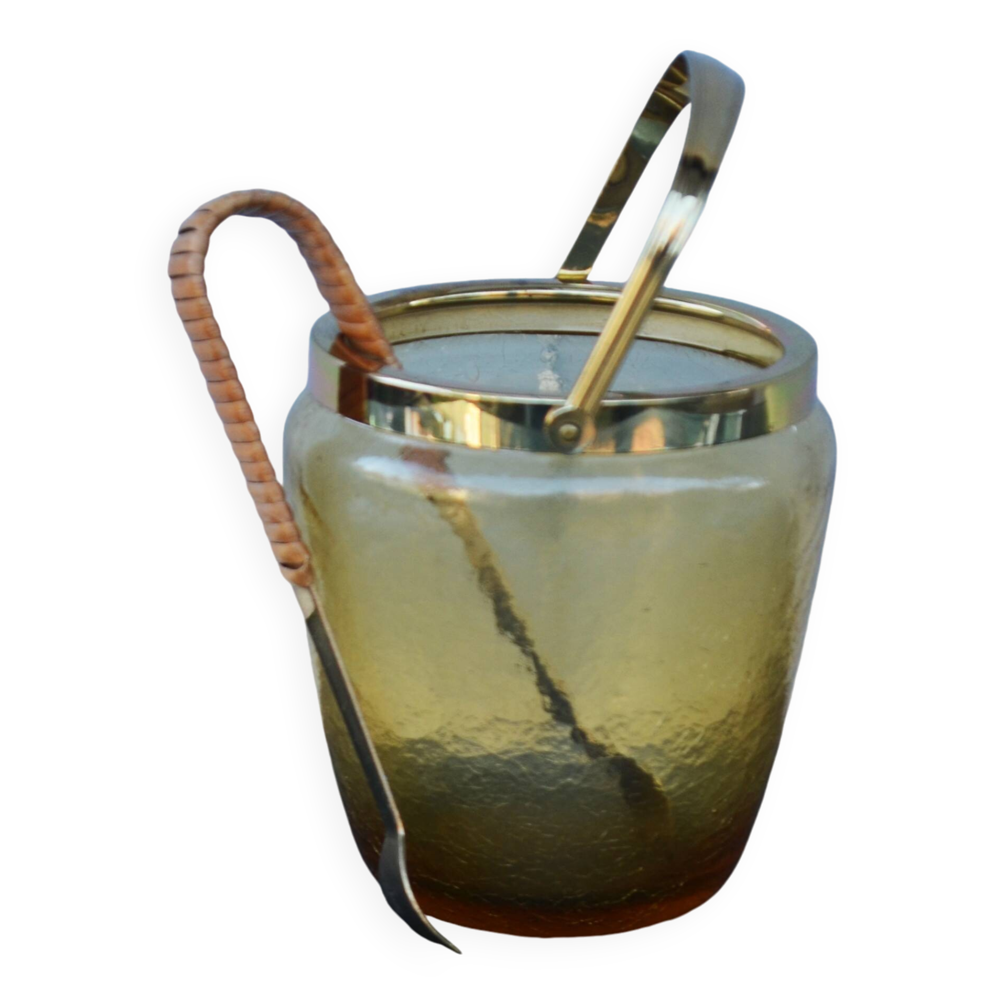 Mid Century Crackle Amber Glass Ice Bucket WMF With Ratan Handle