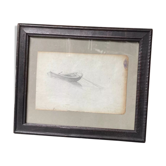 Pencil drawing of a boat on a bed of clouds, old frame