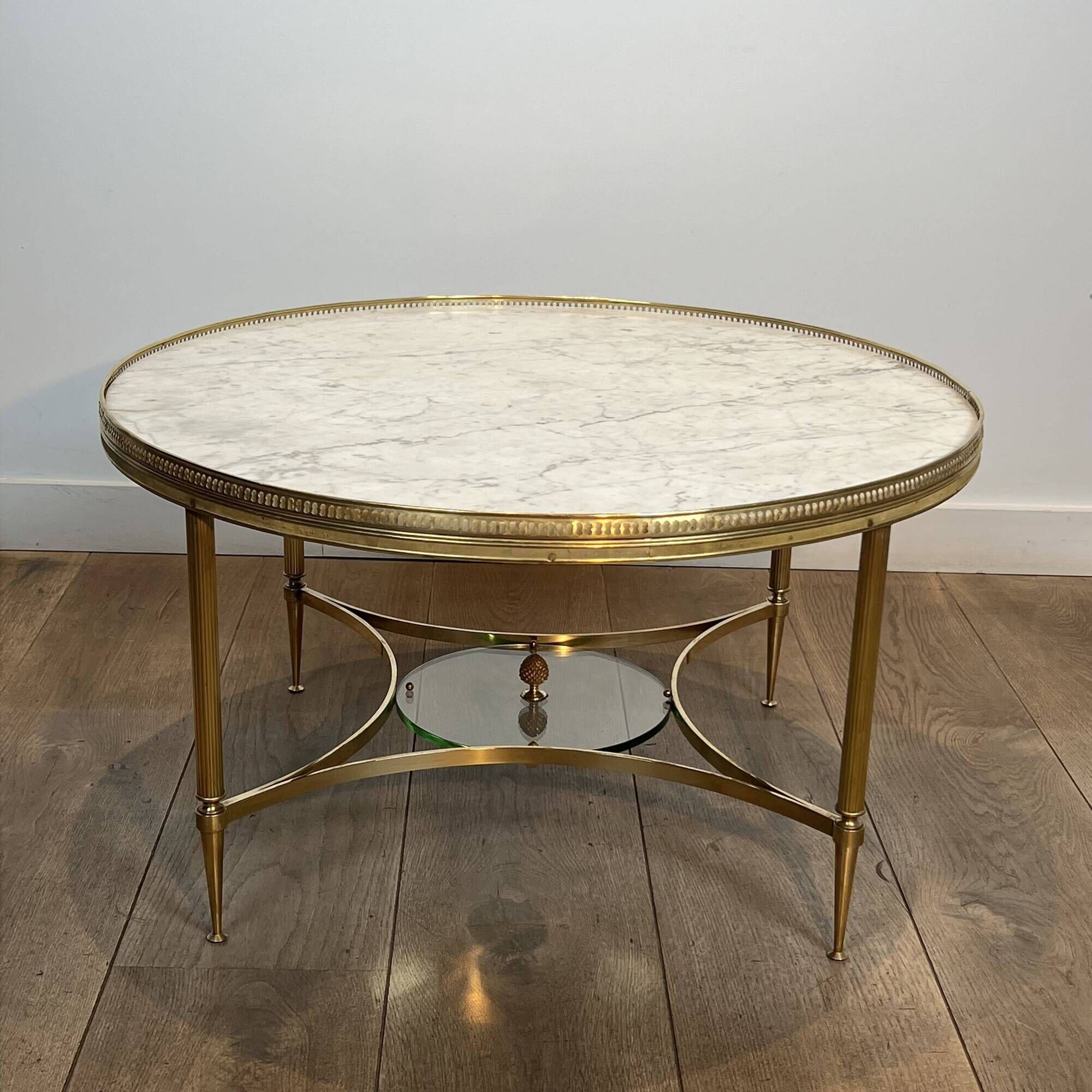 Neoclassical Round Coffee Table in Brass with Beaded Gallery. Marble Top