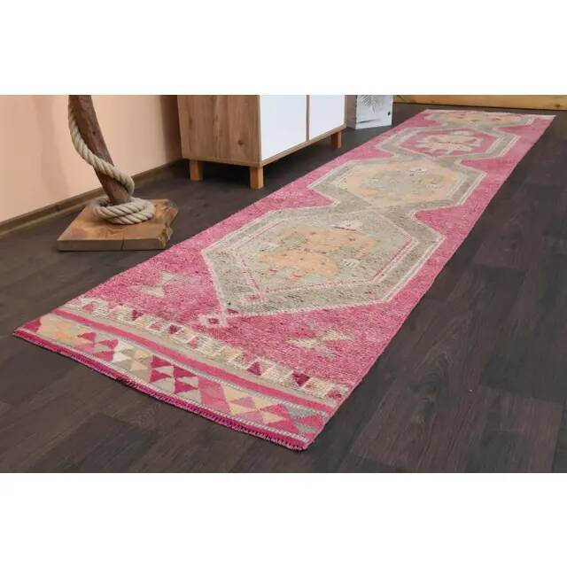 Vintage Turkish Oushak handmade wool cotton pink runner rug 85x370