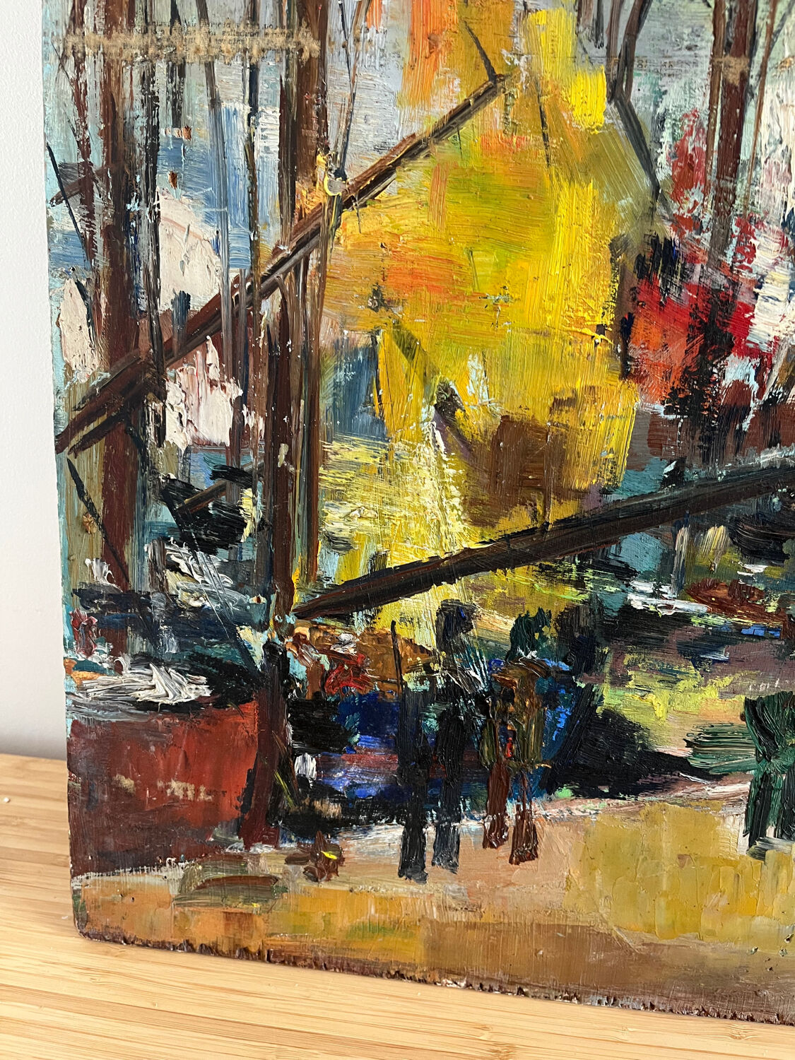 Sailboats in the harbour, oil on wood panel