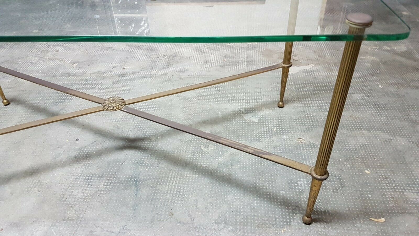 60s glass and brass coffee table