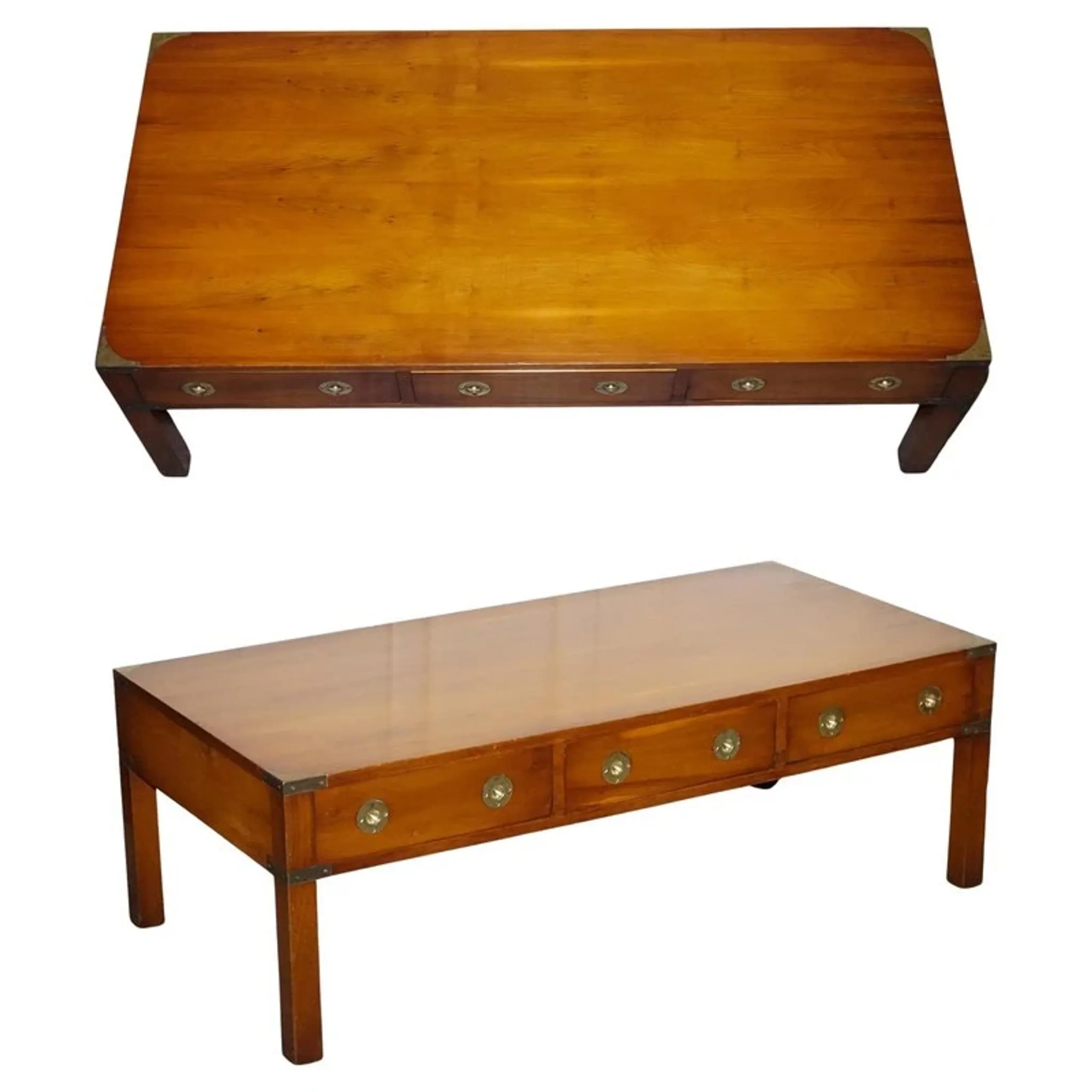 Vintage Military Campaign Coffee Table in Yew Wood and Brass