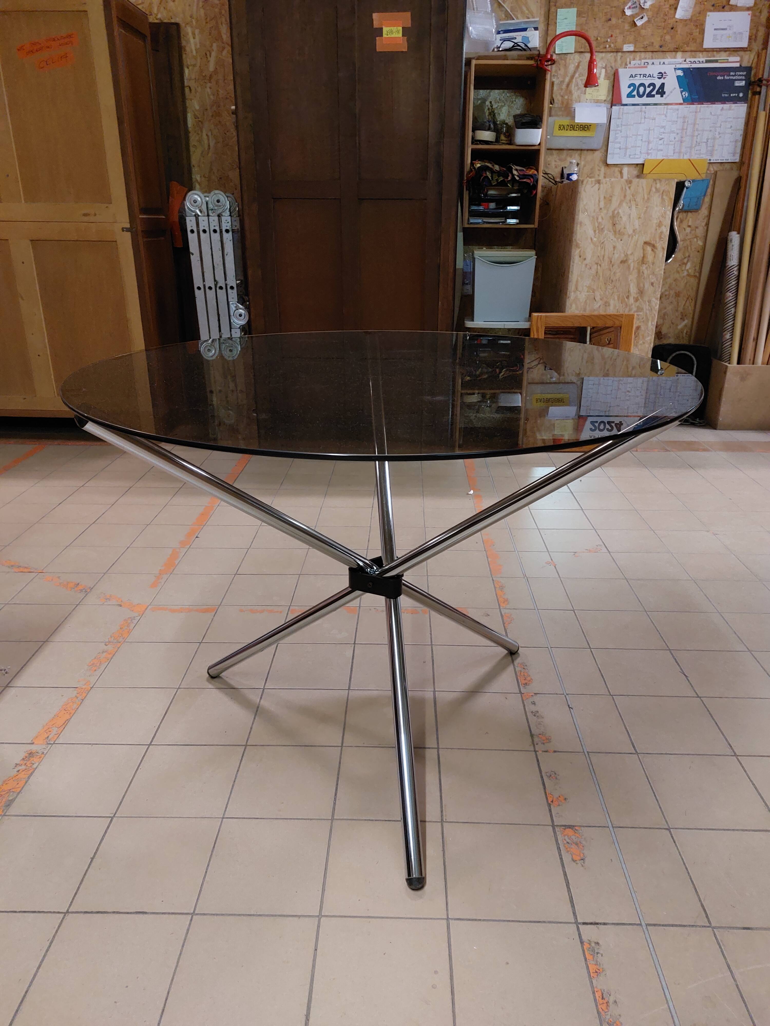 Roche Bobois vintage round table Chrome and smoked glass