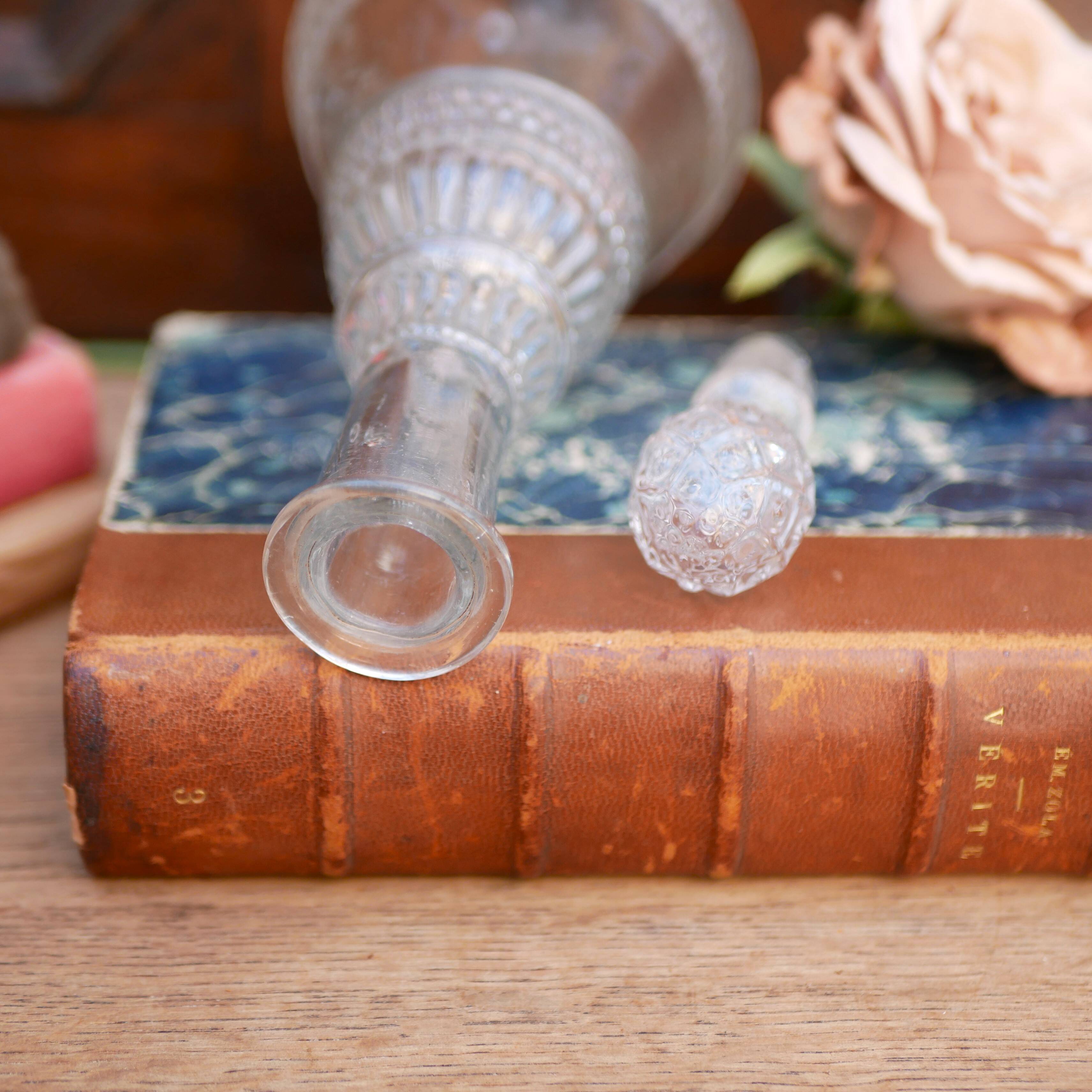 Cut glass liqueur decanter with decorated stopper