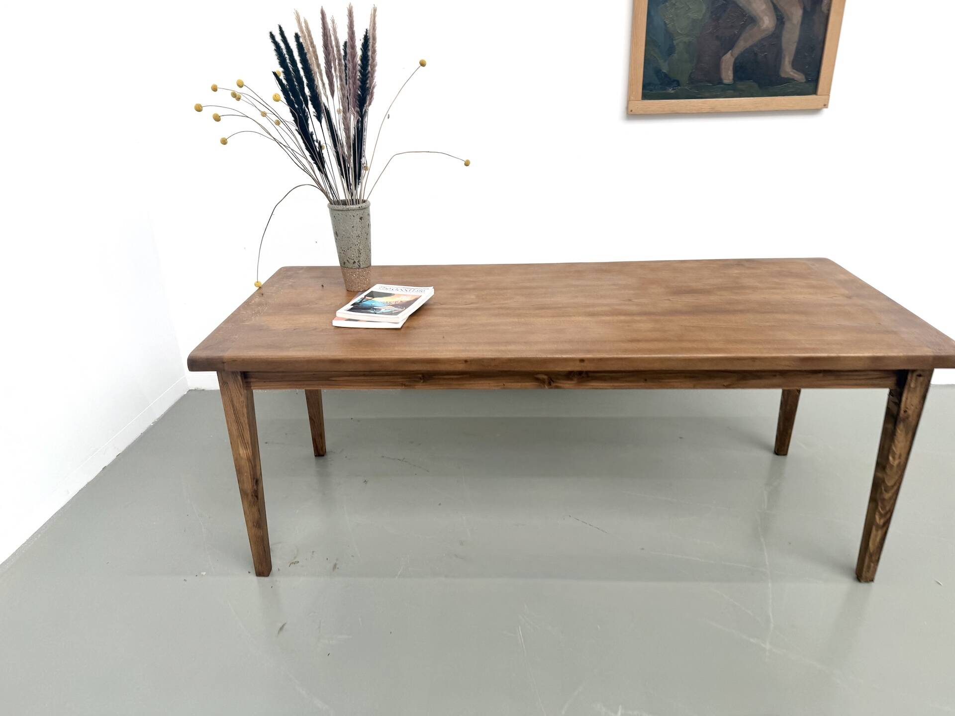Farm table, solid oak top with dowel joints.