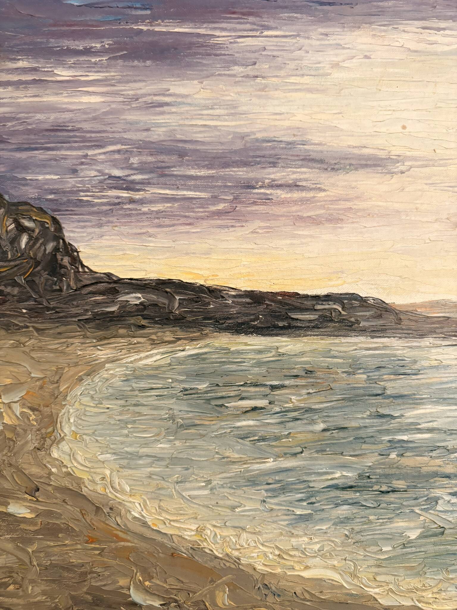 Oil painting knife beach sea sunset cliff signed canda