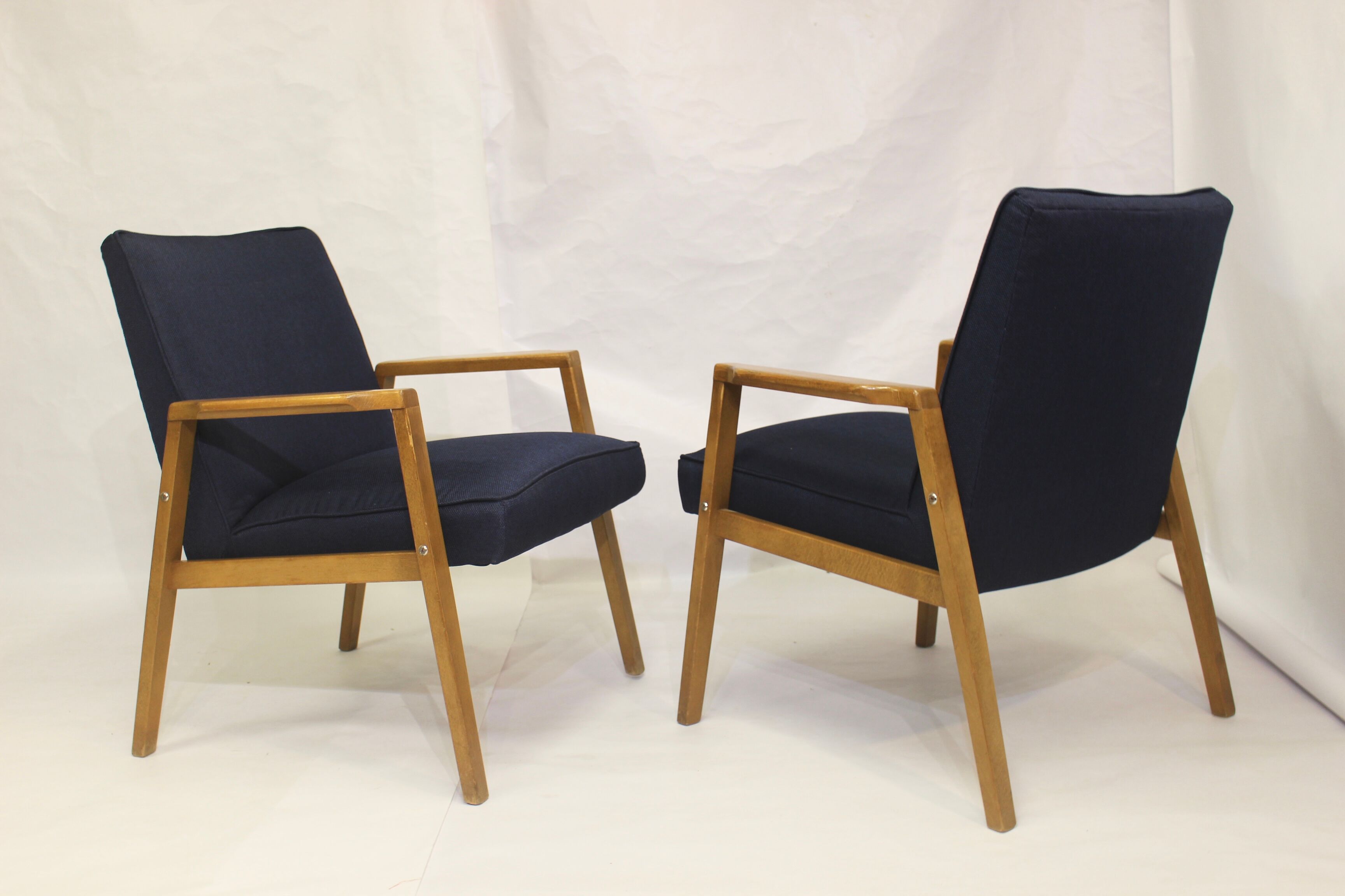Pair of Scandinavian armchairs 60s restored deep blue gloved fabric.