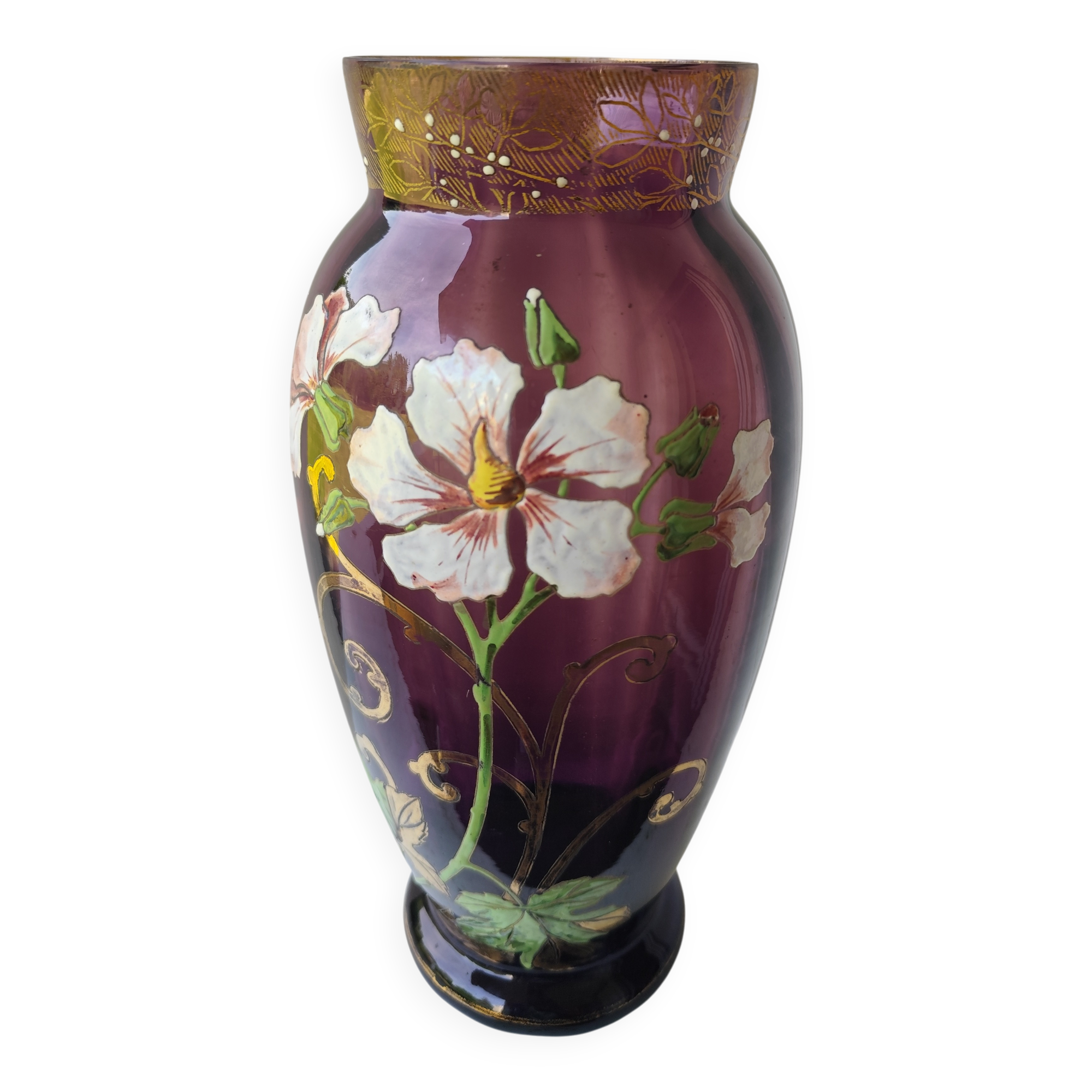 Vase en verre violet émaillé fleurs legras