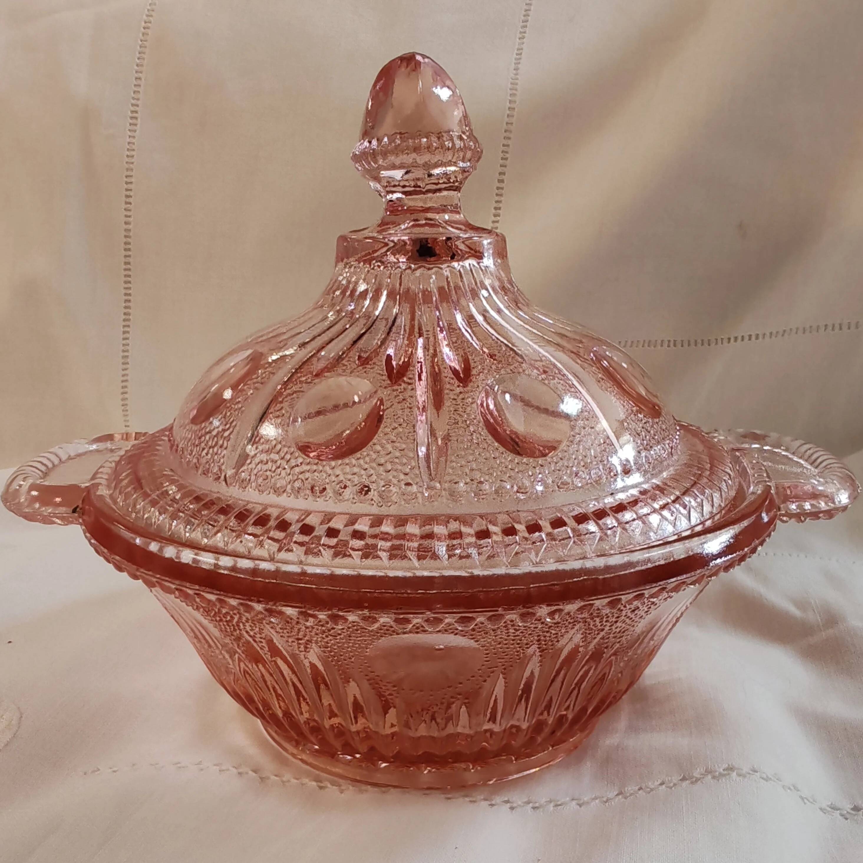 Pink glass sugar bowl