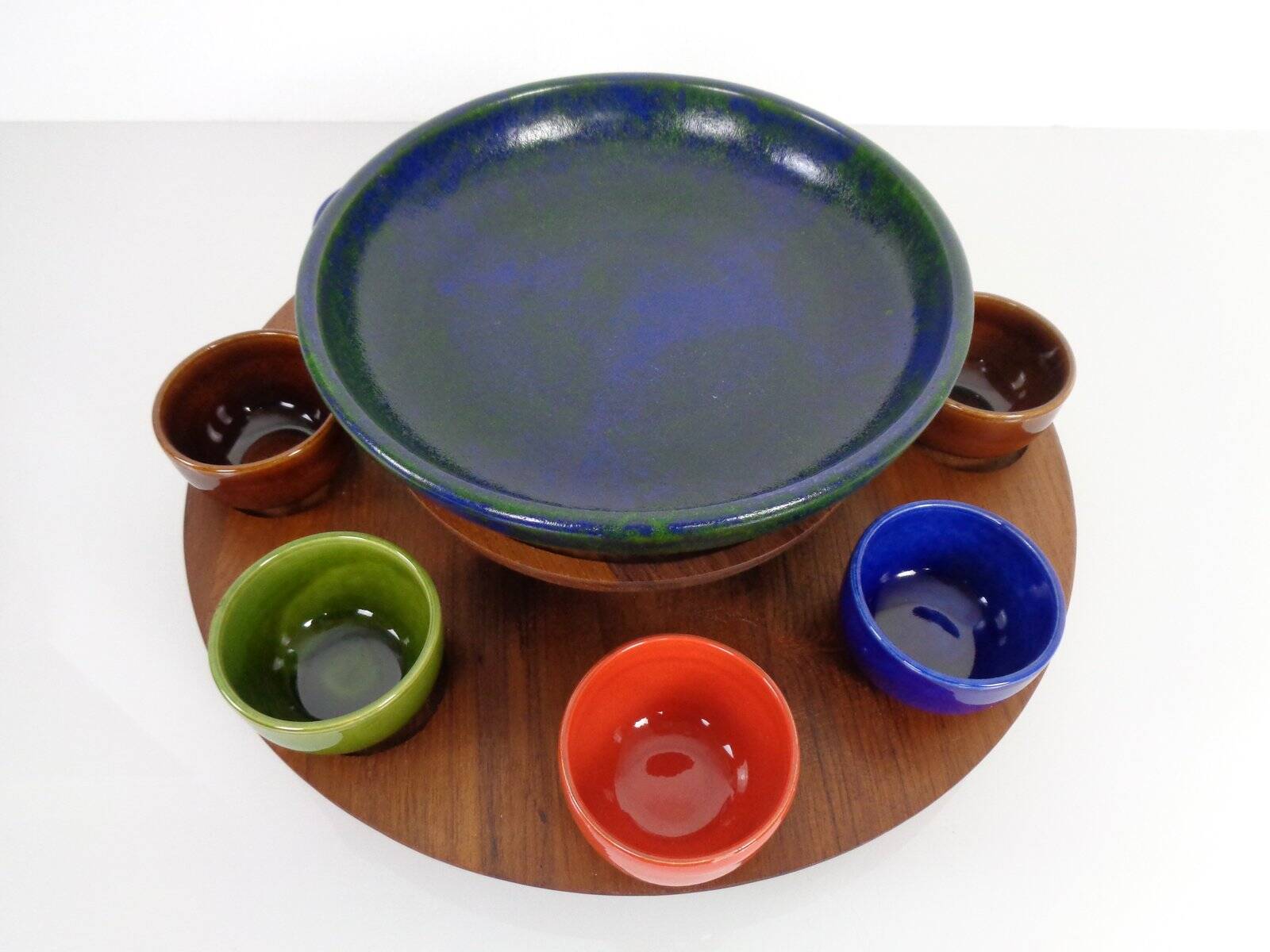 Rotating Teak Tray with Ceramic Bowls, Denmark, 1960s, Set of 10