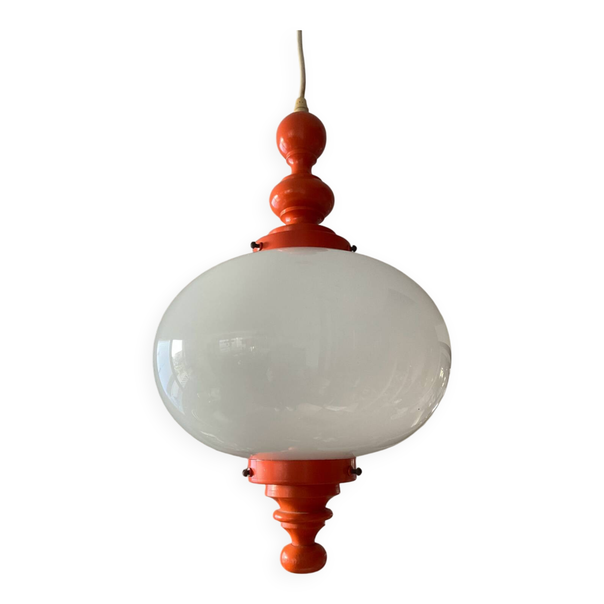 Space Age pendant light in opaline and wood