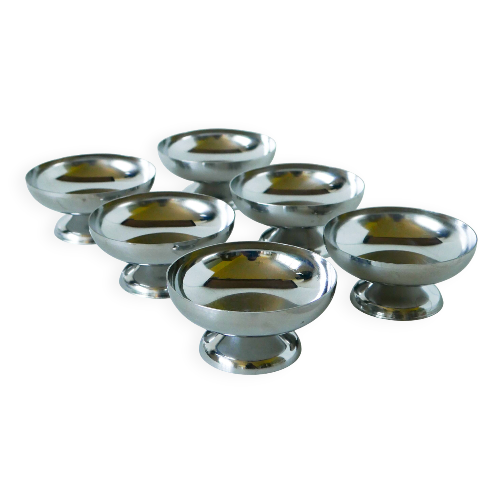 Set of 6 stainless steel ice cream bowls, wide base, Design, 1970 - 4.2 x 9 cm