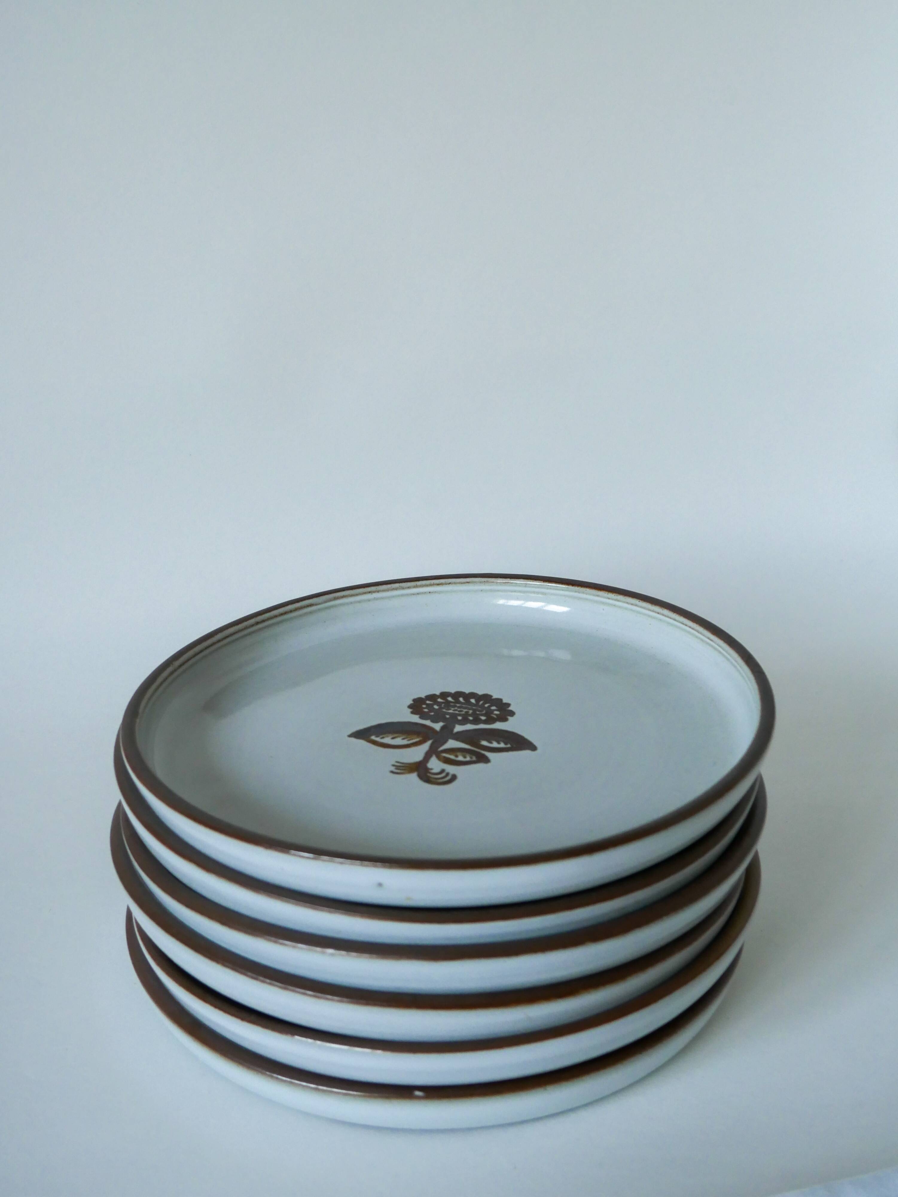 set of 6 flat plates in enamelled stoneware flowers 1970