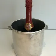 Cylindrical Silver-Plated Champagne Bucket with Small Leaf-Shaped Handles.