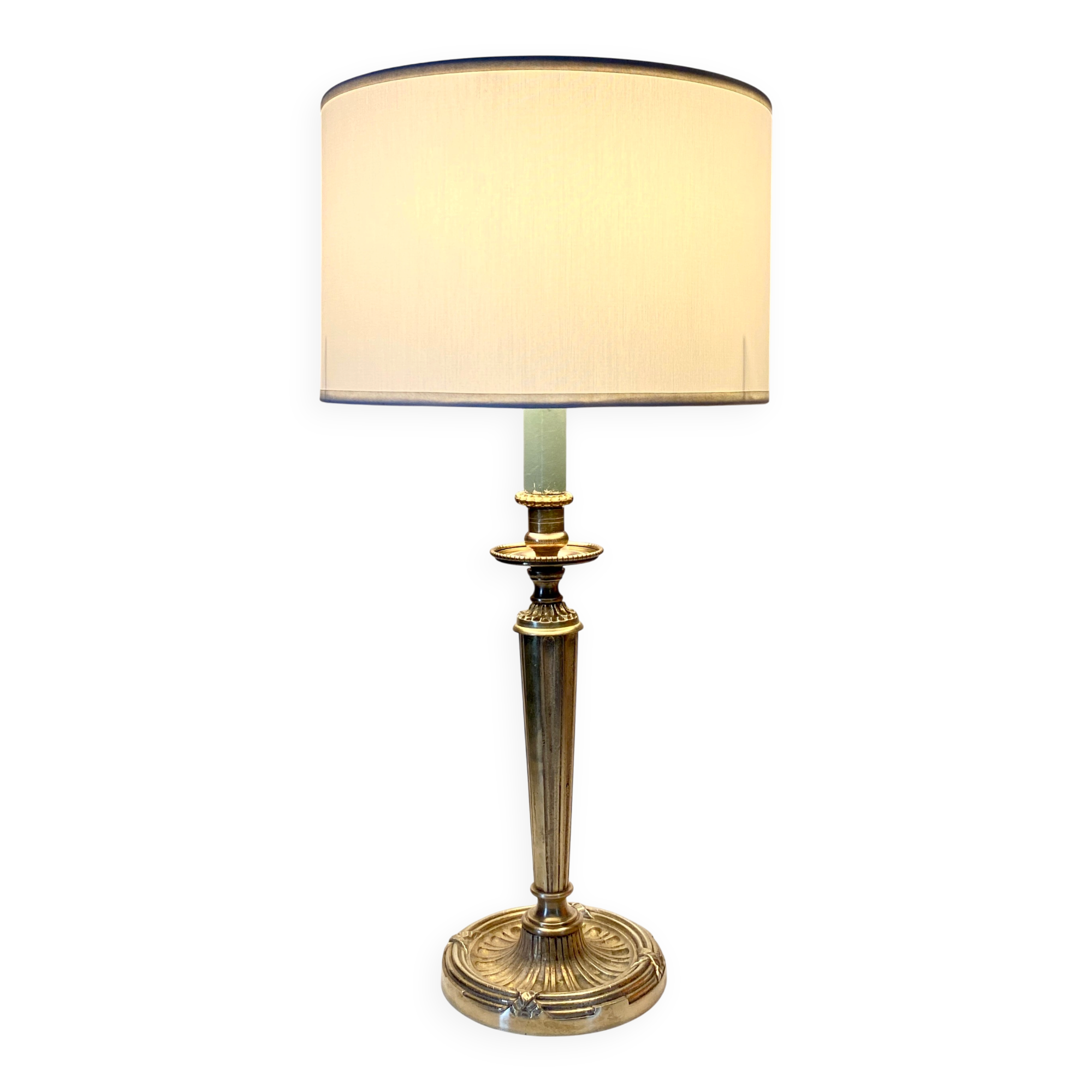 Neo-classical brass lamp, cotton shade