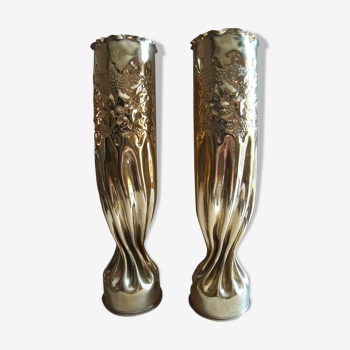 Pair of vases with floral decoration Art Nouveau in brass