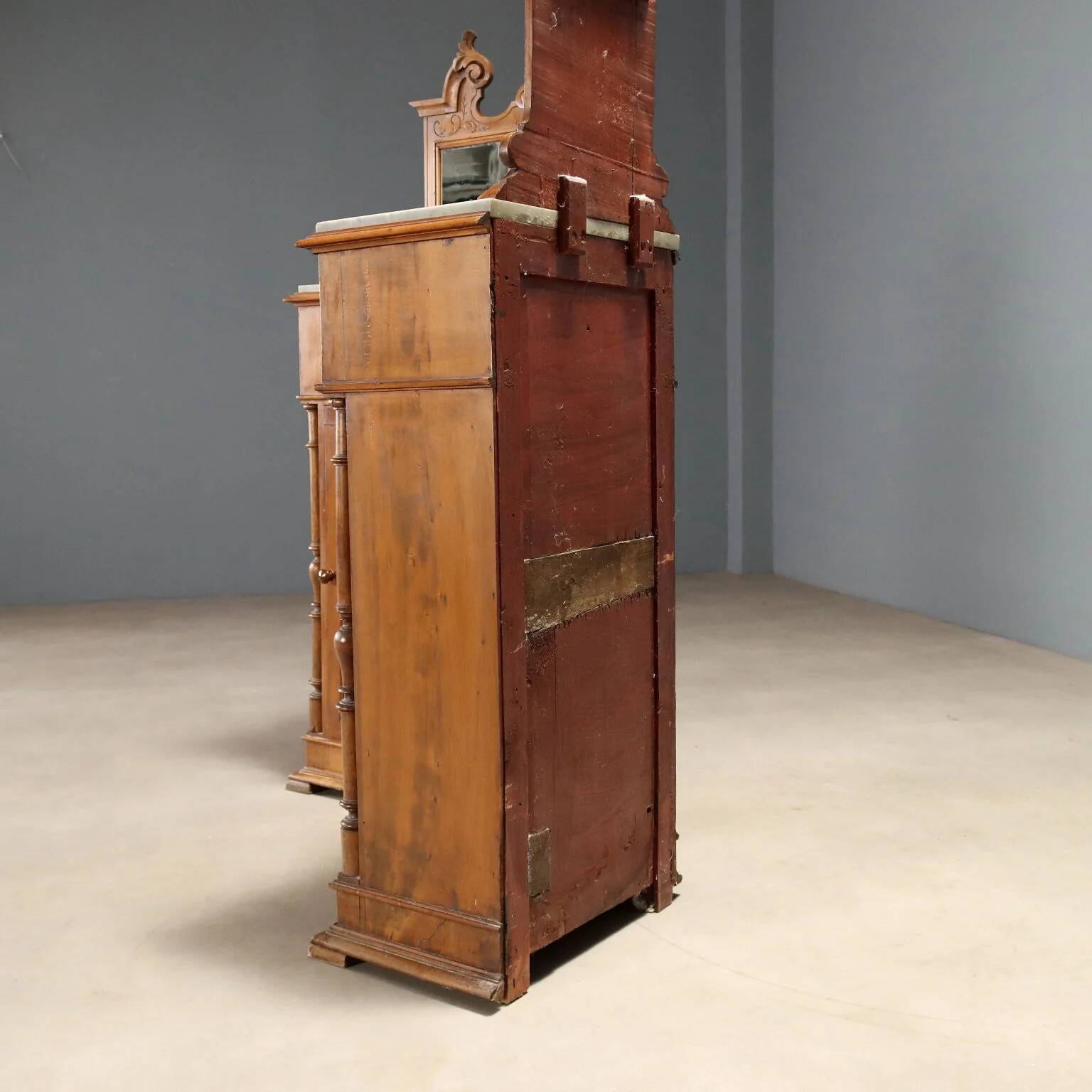 Antique walnut bedside tables with grey marble, Italy, 19th century.