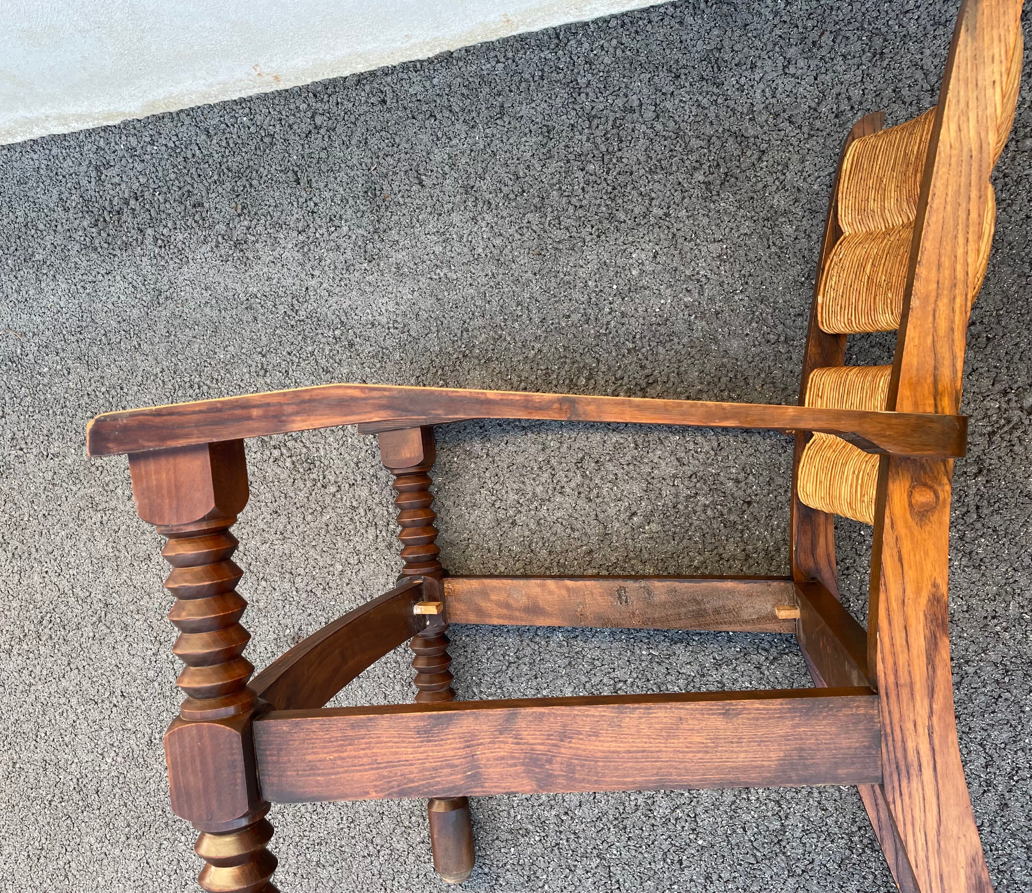 Vintage armchair in straw and brutalist wood