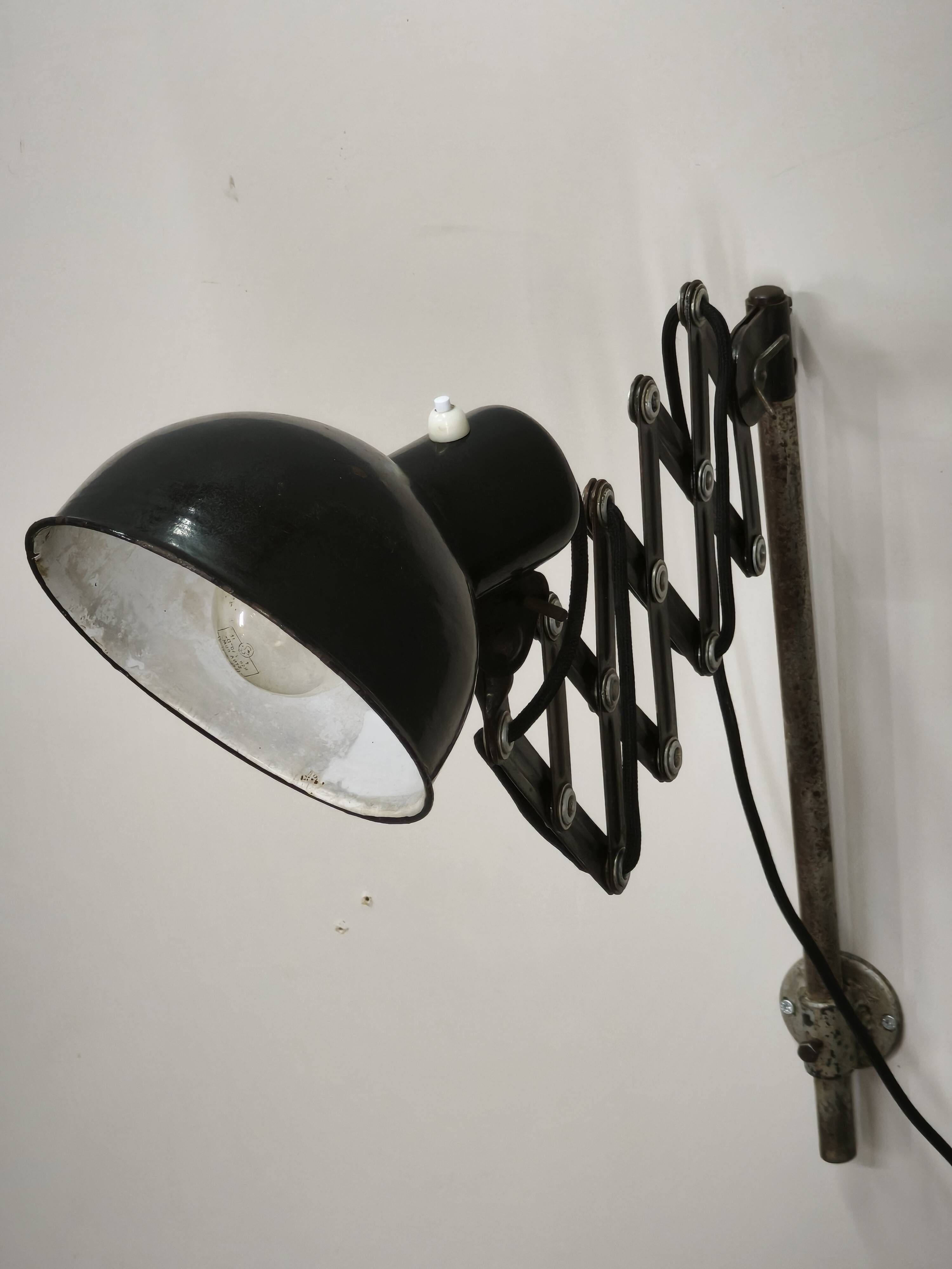 1930s Bauhaus Industrial Scissor Arm Wall Lamp, Black Enamel, Czechoslovakia