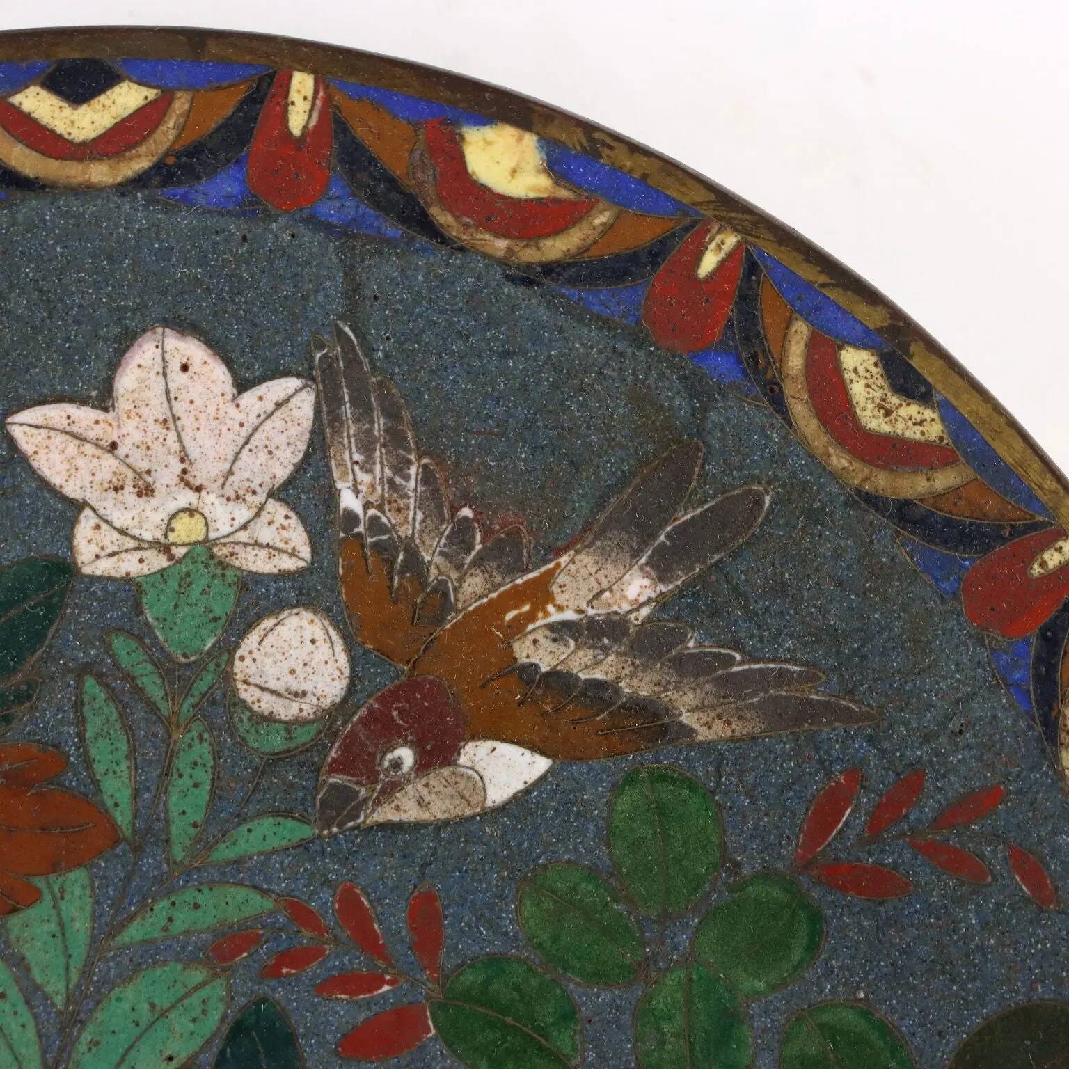 Antique copper plate with cloisonné decorations, Japan, Meiji period