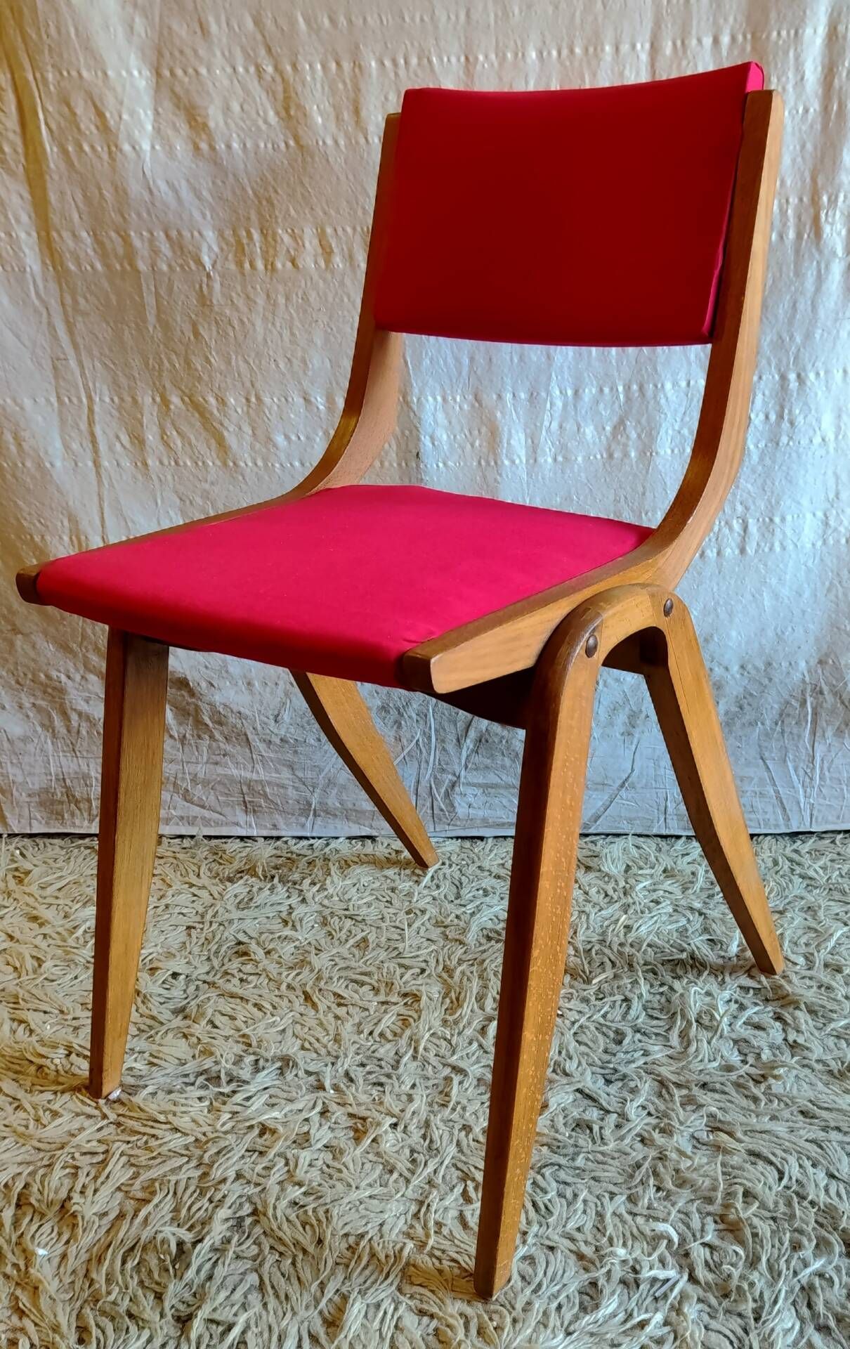Solid wood chair with red fabric - 50's design