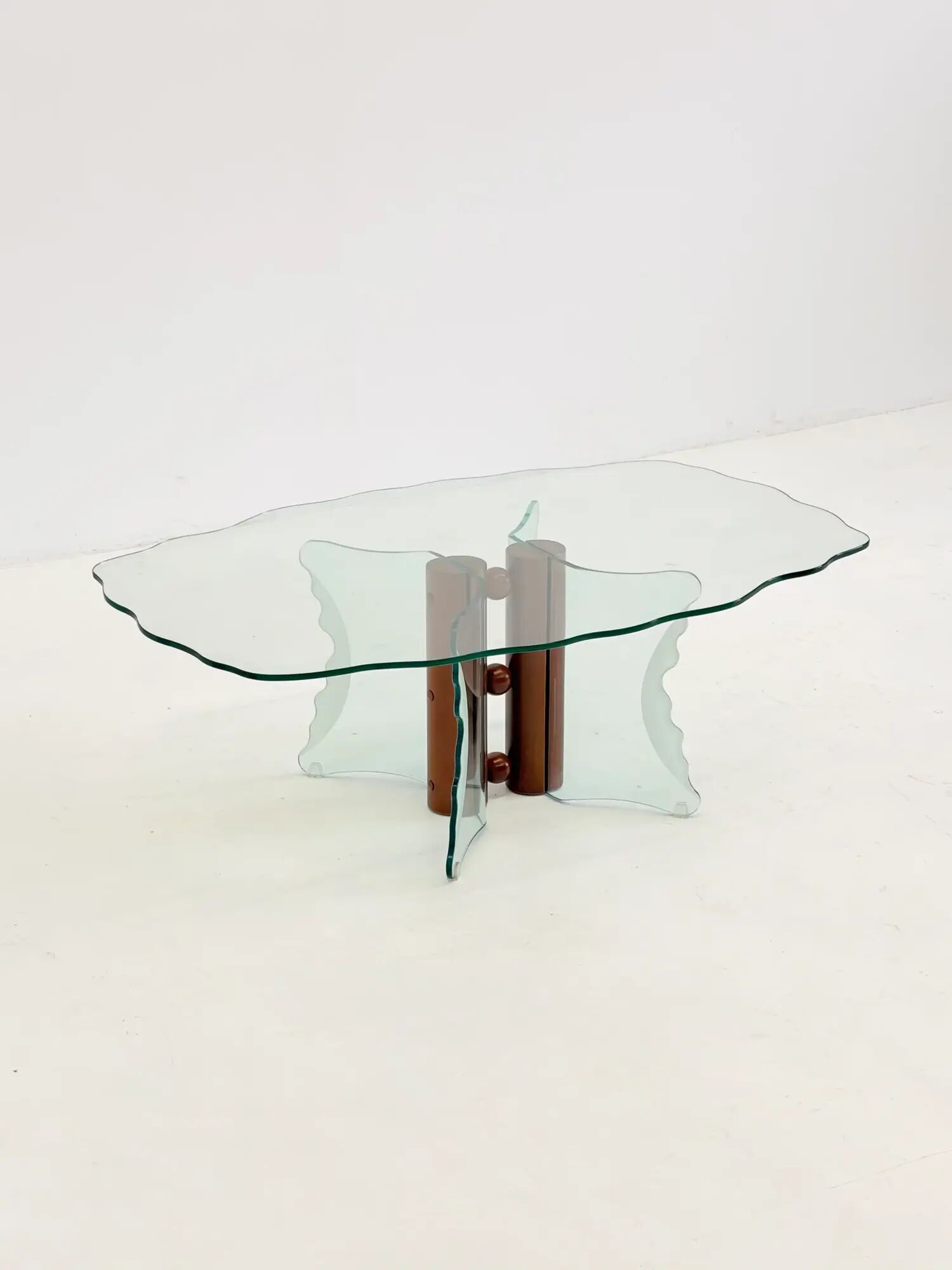Vintage postmodern coffee table with wavy glass and wooden spheres