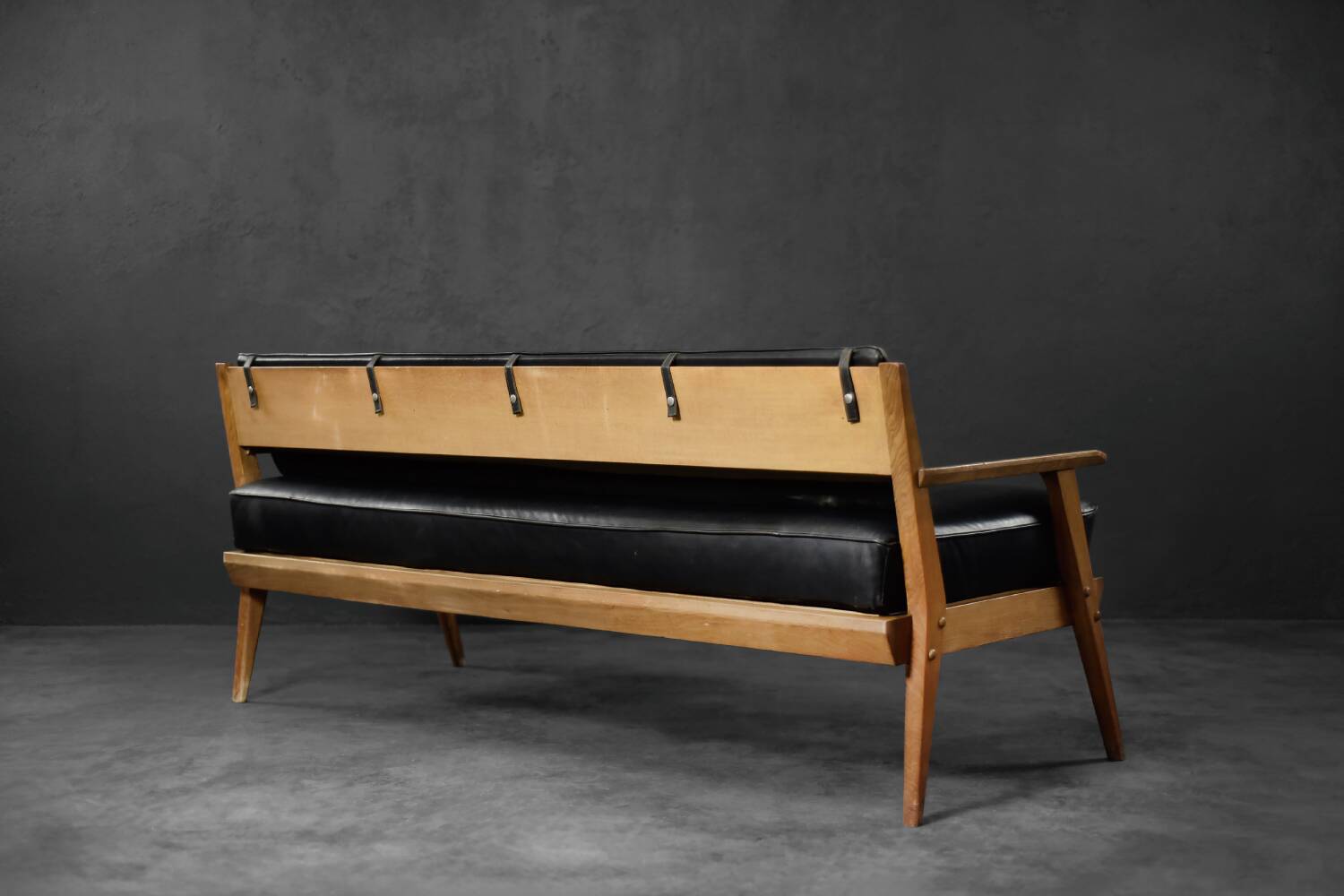 Vintage Mid-Century German Modern Oak & Black Leather Sofa, 1960s