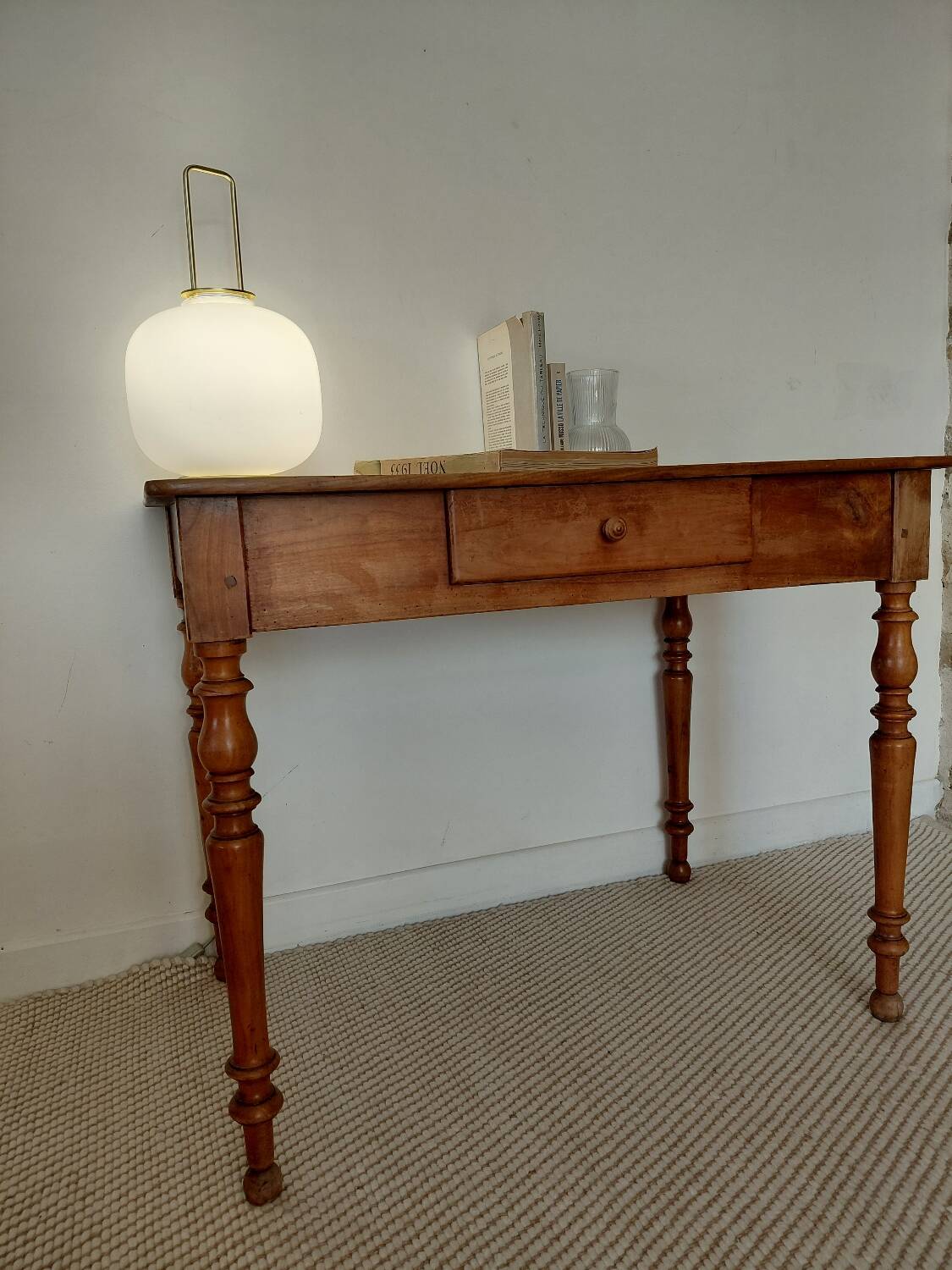 Old solid wood console - turned legs - drawer in chic country style