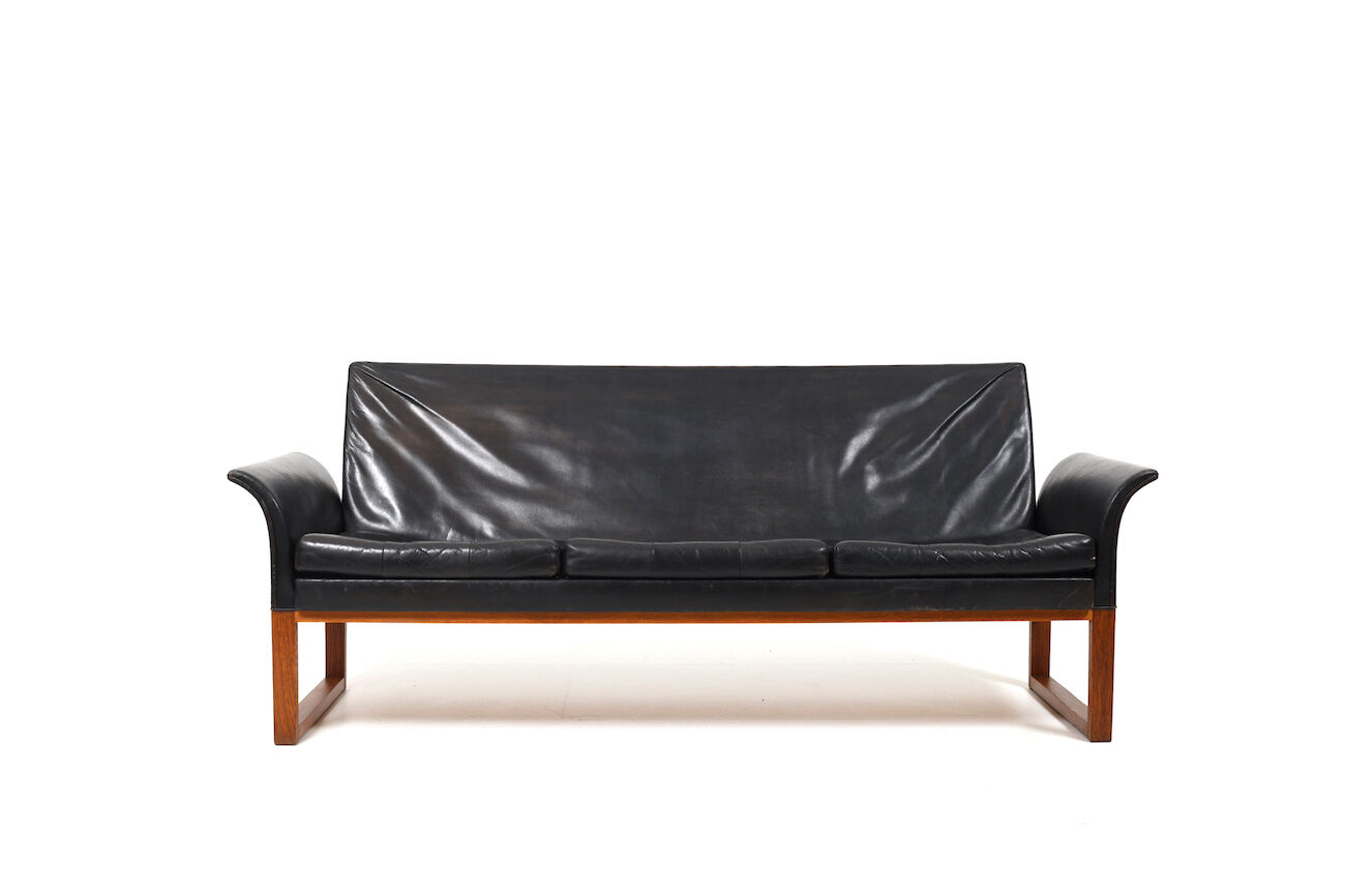 Danish Teak and Black Leather Sofa c.1960