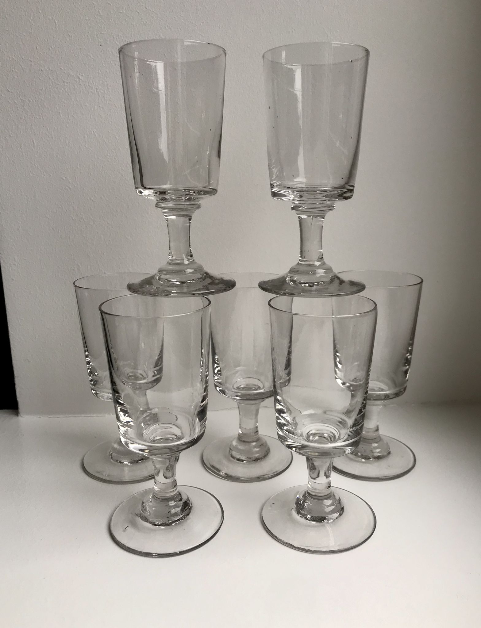 set of 7 glasses with molded glass stems old early twentieth century
